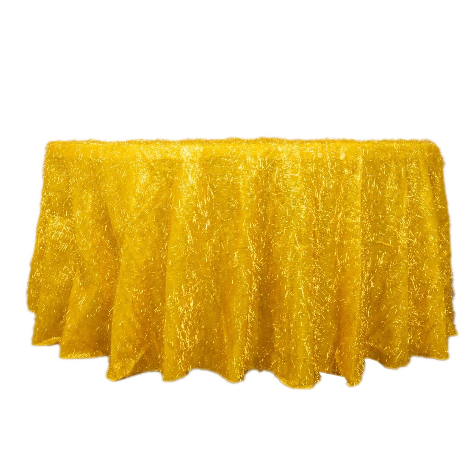 Polyester 120 Round Gold Tablecloth Metallic Fringe Shag Tinsel Design Table Cover for Weddings & Events