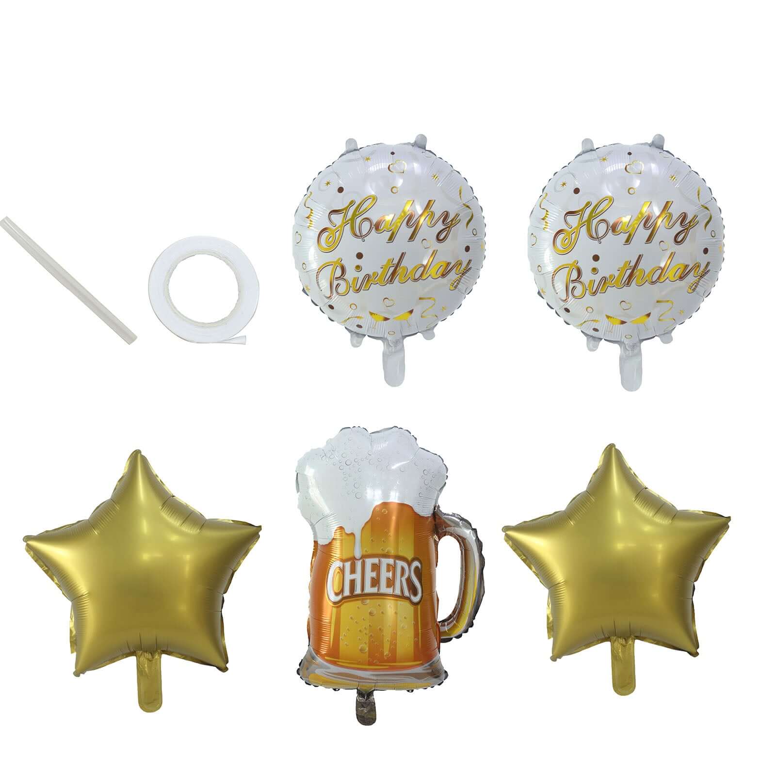 Set of 5 White Gold Round Happy Birthday Mylar Foil Helium Balloon Set, Cheers Beer Mug, Star Balloon Bouquet With Ribbon Birthday Party Decorations