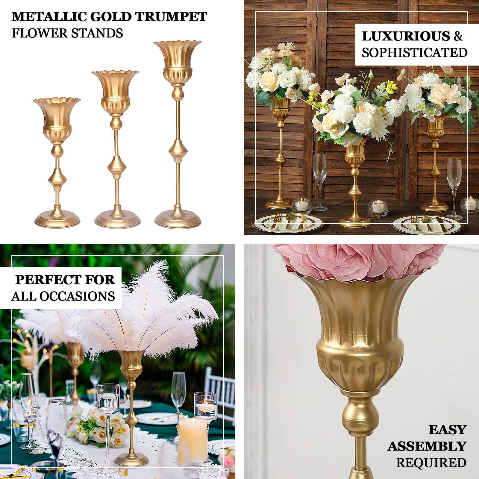 Set of 3 Trumpet Flower Vase Centerpieces Metallic Gold - Vintage Style Flute Table Decorative Stands 13, 16, 19