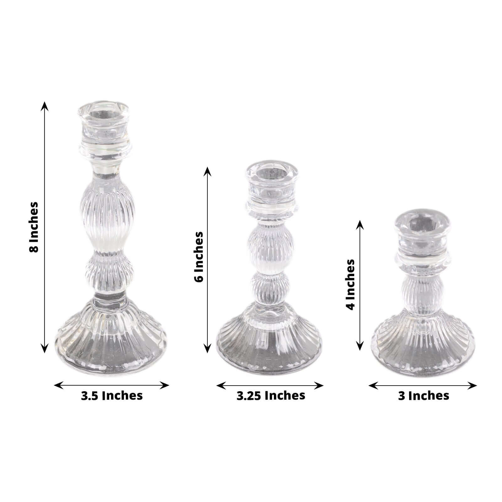 Set of 3 Glass Taper Candle Holders Fluted Design Clear - Ribbed Crystal Candlestick Stands 4, 6, 8