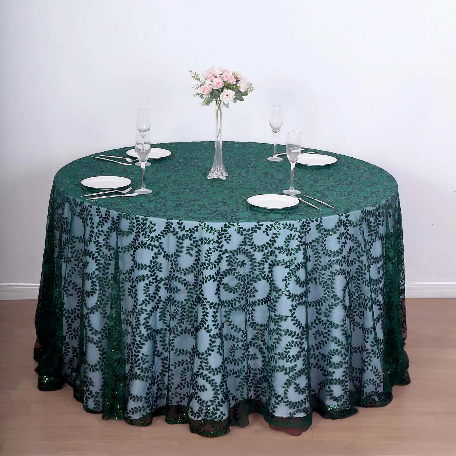 Tulle 120 Round Tablecloth Hunter Emerald Green - Seamless Sequin Leaf Embroidered Table Cover