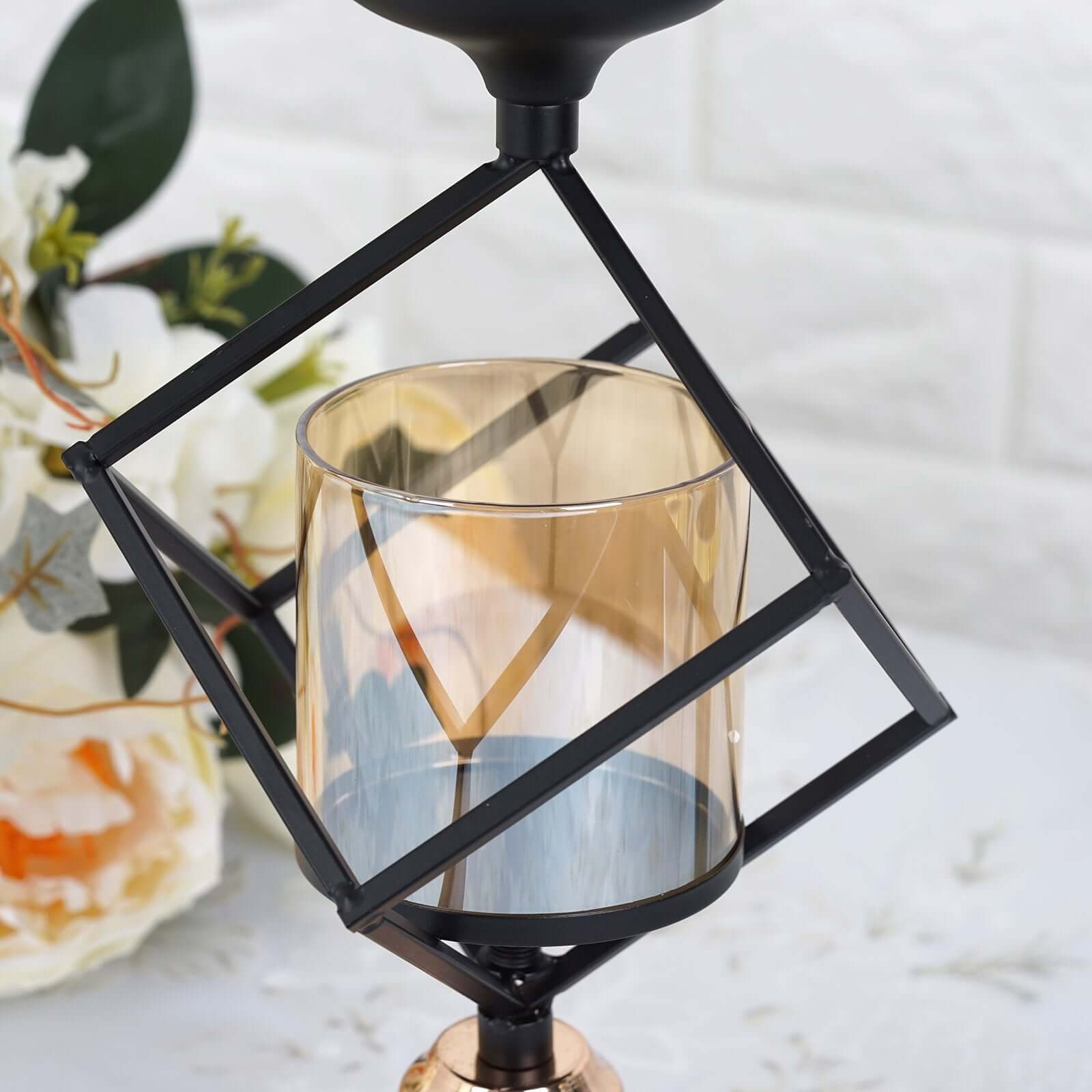 3-Tier Candle Holder Black Geometric Design with Amber Glass Votives & Gold Trim - Modern Decor for Weddings 28 Tall