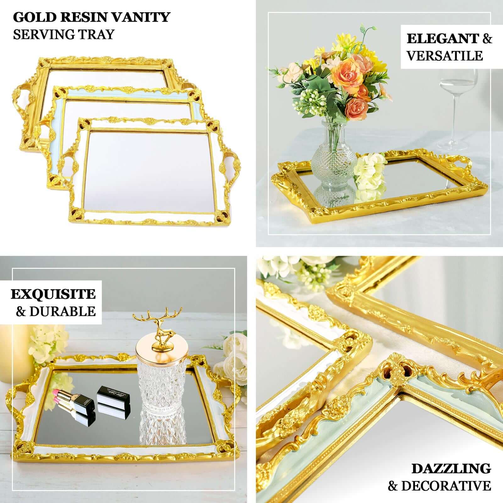 Resin Mirrored Rectangle Serving Tray 15x10 in Metallic Gold with Baroque Design, Stylish Decorative Vanity Tray Centerpiece