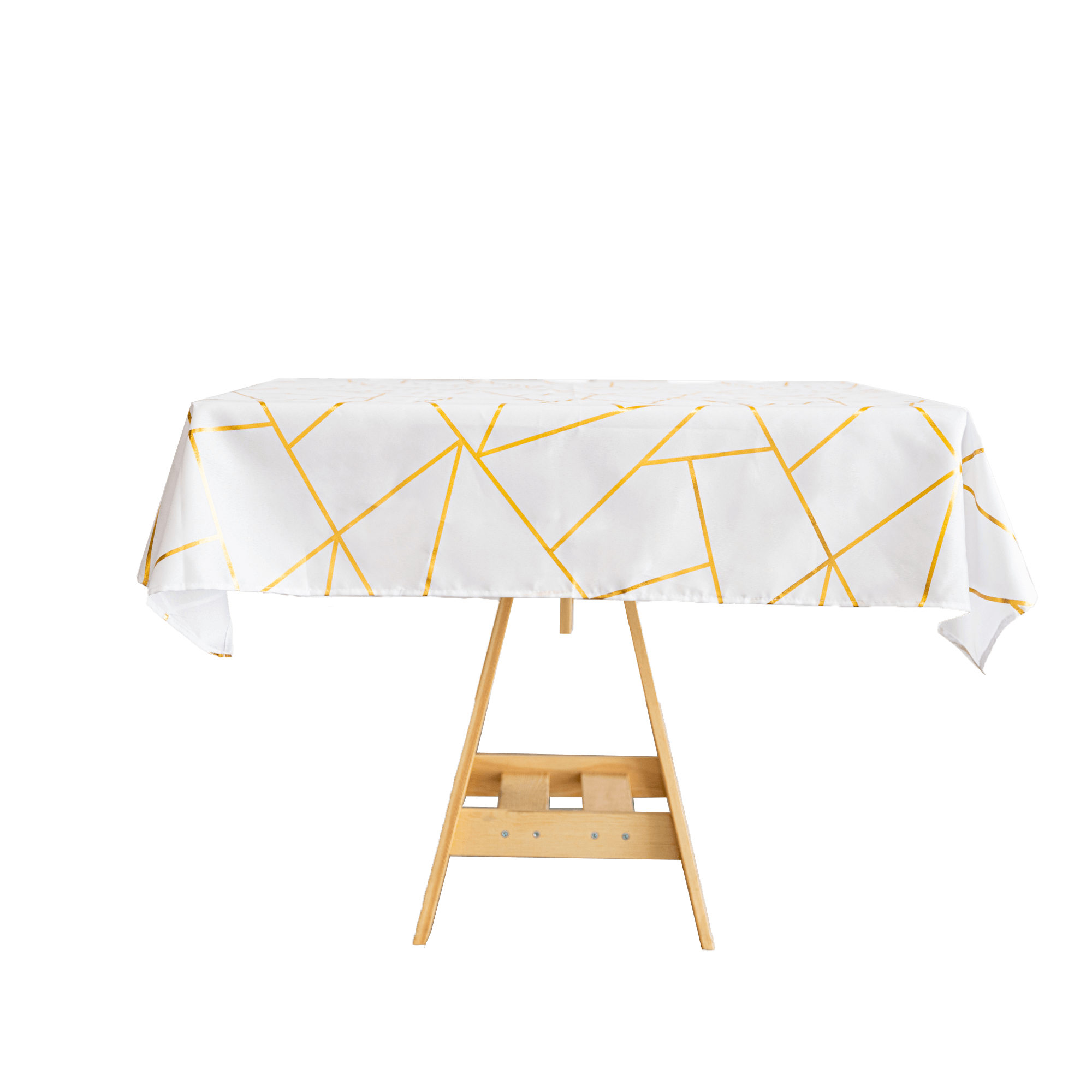 Polyester 54x54 Table Overlay Square Tablecloth White with Gold Foil Geometric Pattern - Wrinkle-Resistant & Durable for Stylish Settings