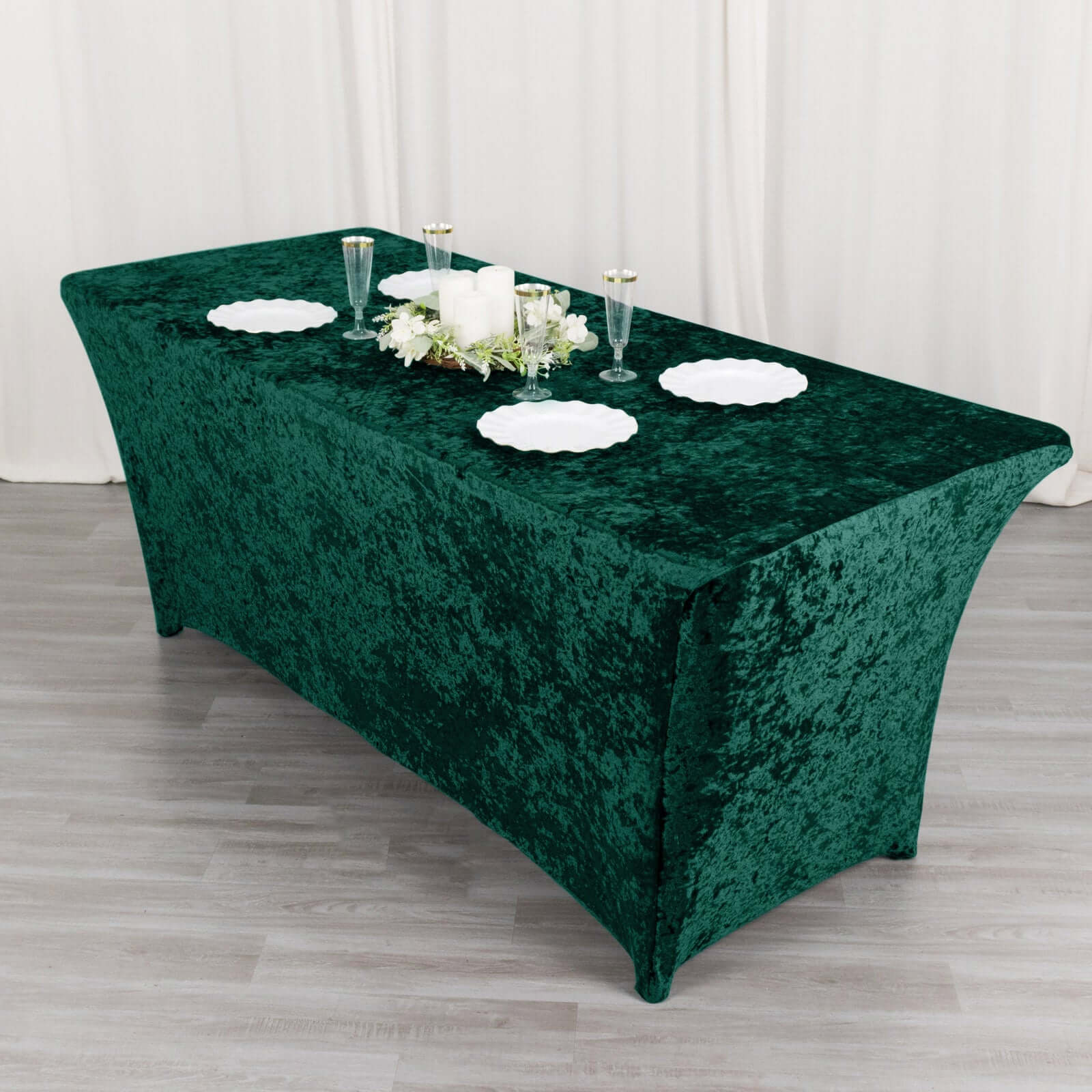 Crushed Velvet Fitted Rectangular 6ft Table Cover Hunter Emerald Green - Wrinkle-Free Stretchy Tablecloth