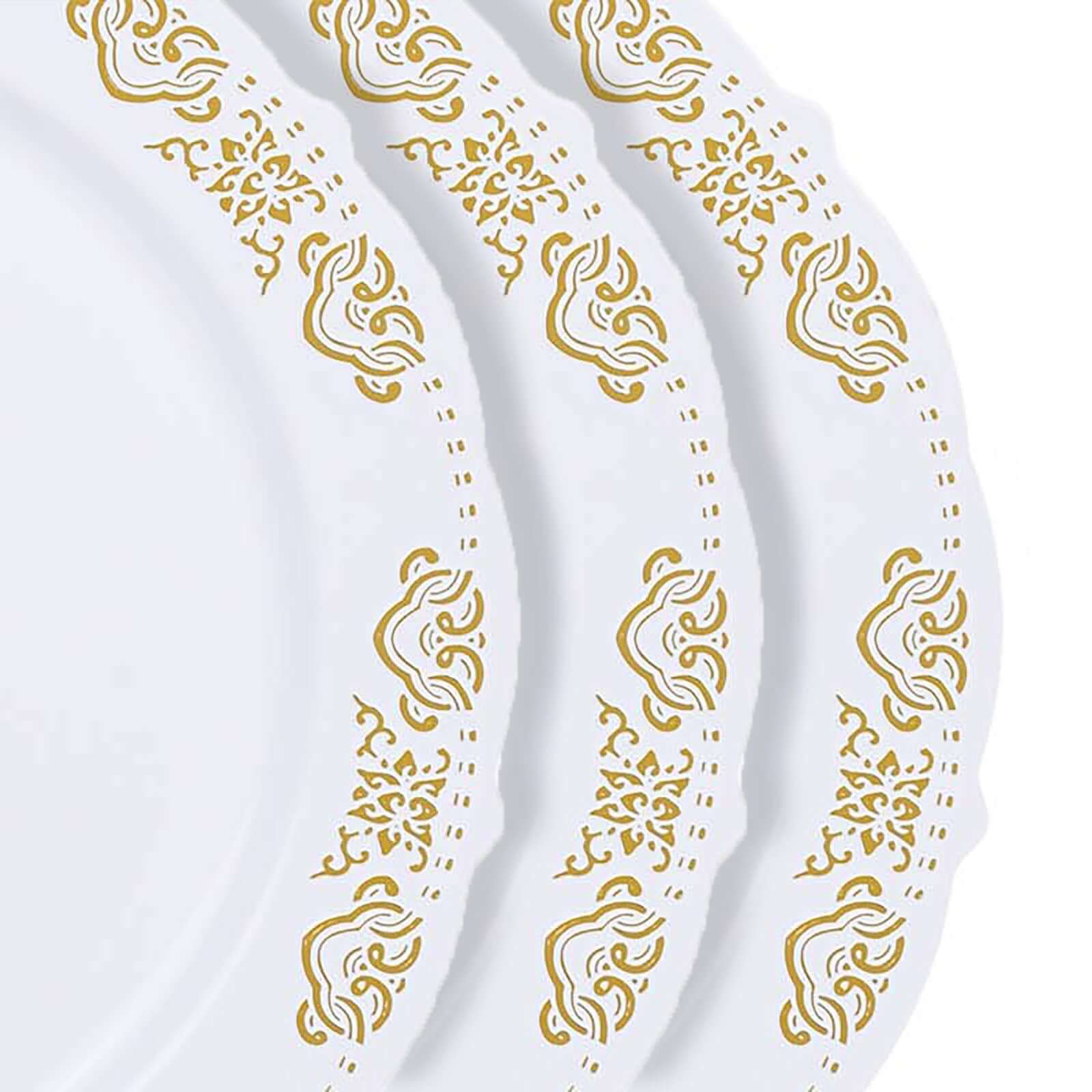 10-Pack Plastic 7.5 Round Appetizer Plates in White with Gold Embossed Scalloped Edge - Chic Disposable Salad Plates for Special Occasions & Banquets