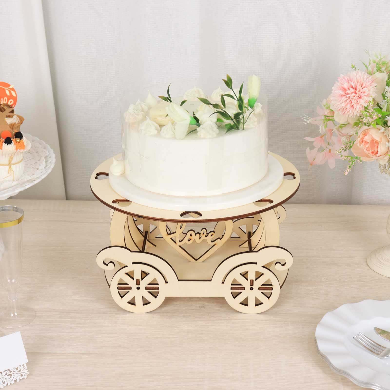 Wooden Wedding Cake Stand Carriage Shape Natural with Laser Cut Design - Round Cupcake Holder Display Plate 12