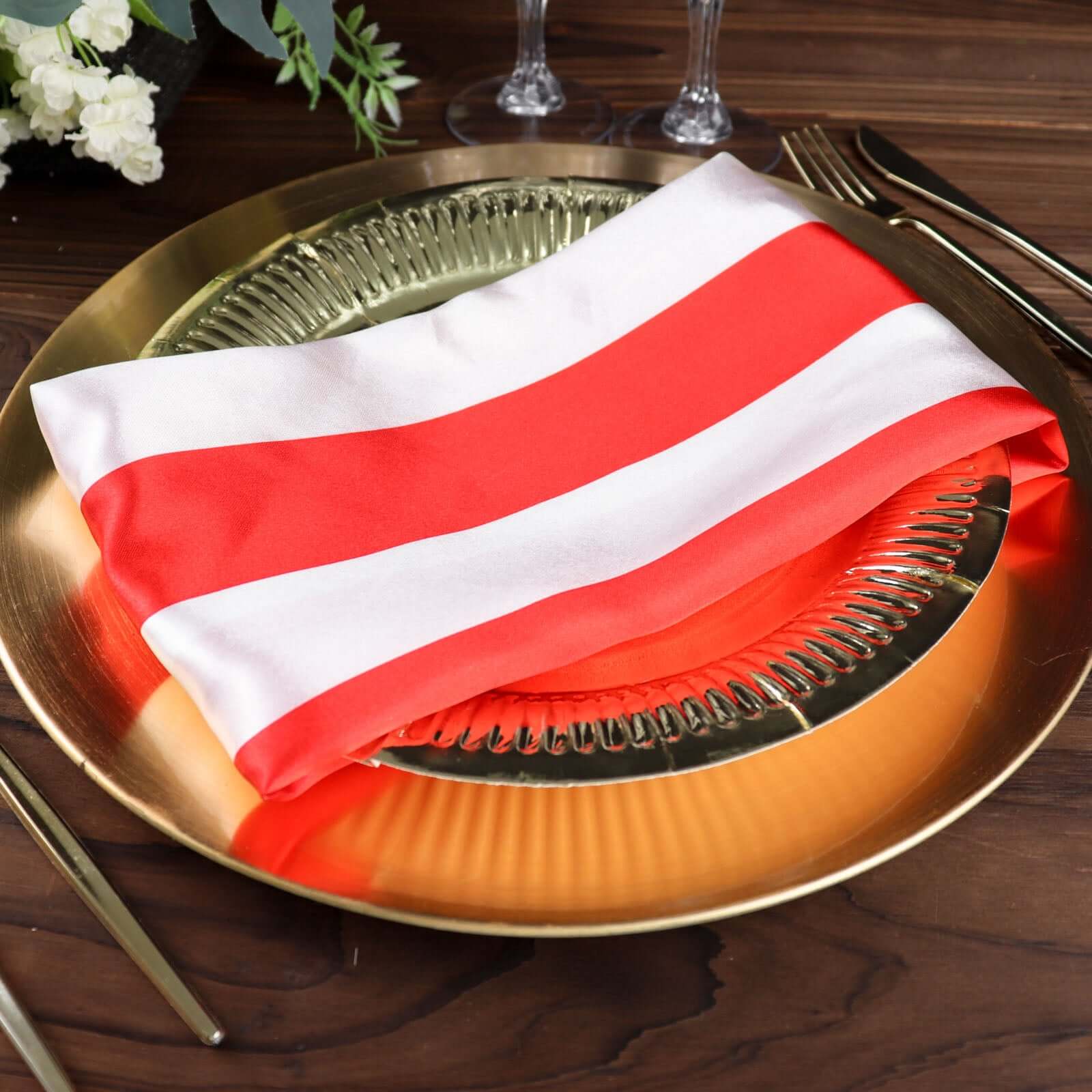 5 Pack Satin 20x20 Napkins Red/White - Striped Reusable Dinner Napkins