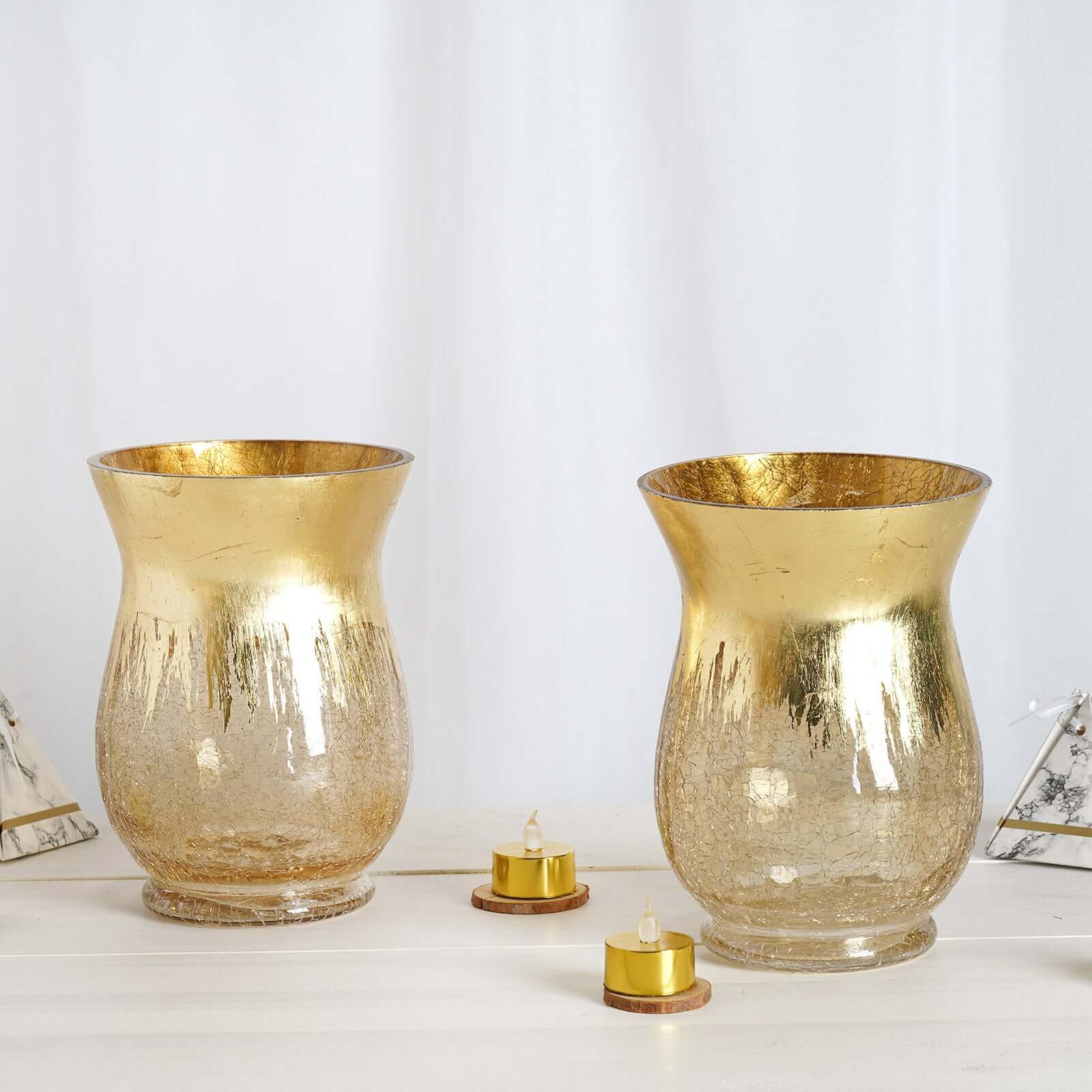 2-Pack Glass Hurricane Vases Bell Shaped Crackle Gold Curvy Design - Stylish Candle Holder Centerpieces 8