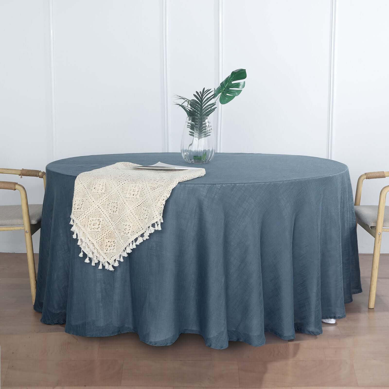 Faux Linen 120 Round Tablecloth Blue - Slubby Texture Wrinkle-Resistant Seamless Table Cover