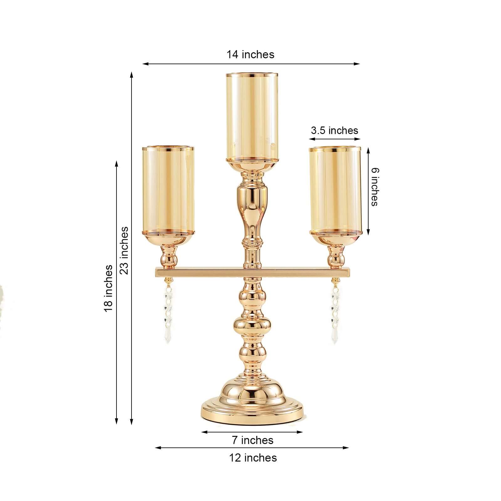 3-Arm Gold Candelabra Metal with Amber Glass Shades - Stylish Table Centerpiece for Gatherings