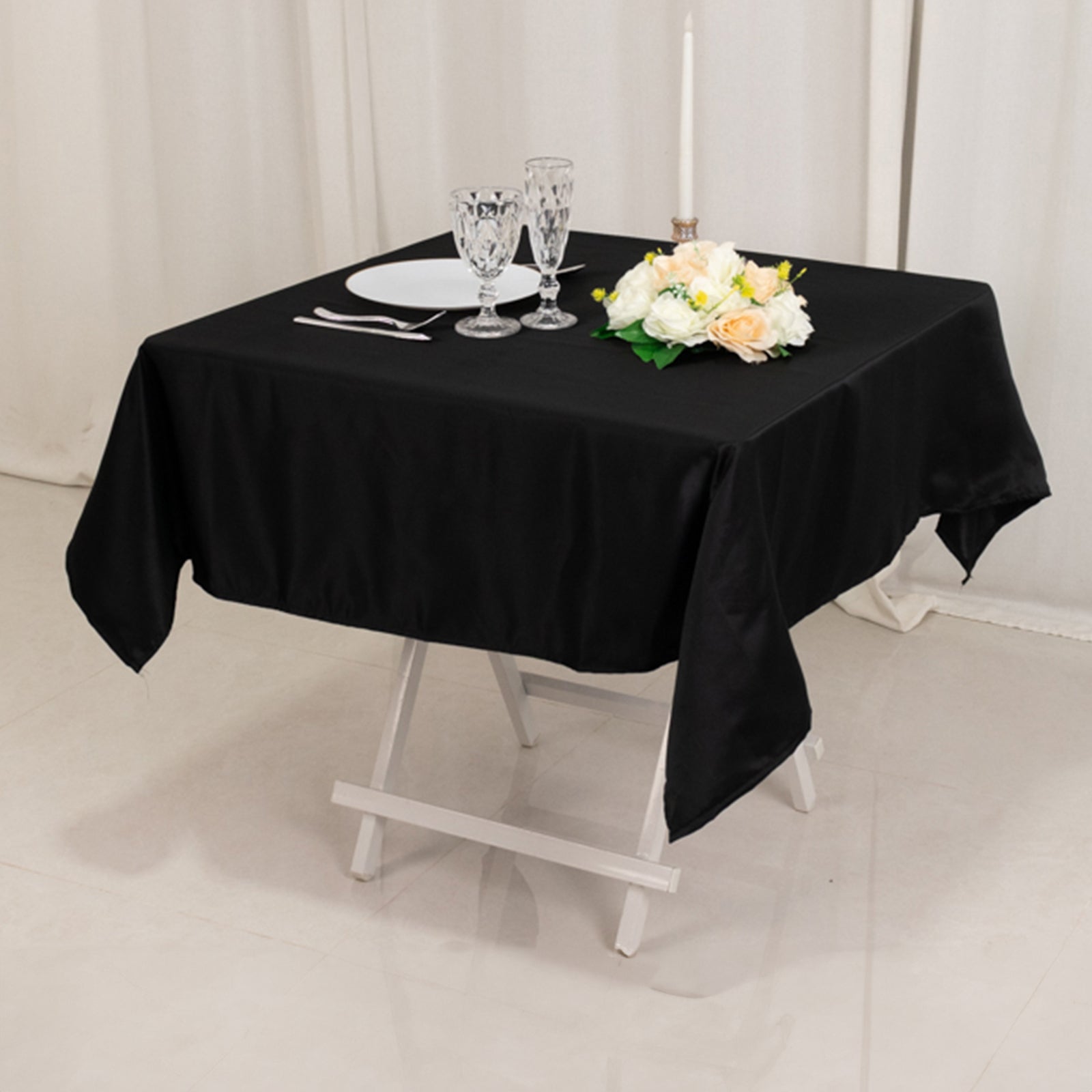 Lamour Satin 54x54 Table Overlay Square Tablecloth Black - Durable & Silk-Like Table Cover for Weddings & Parties