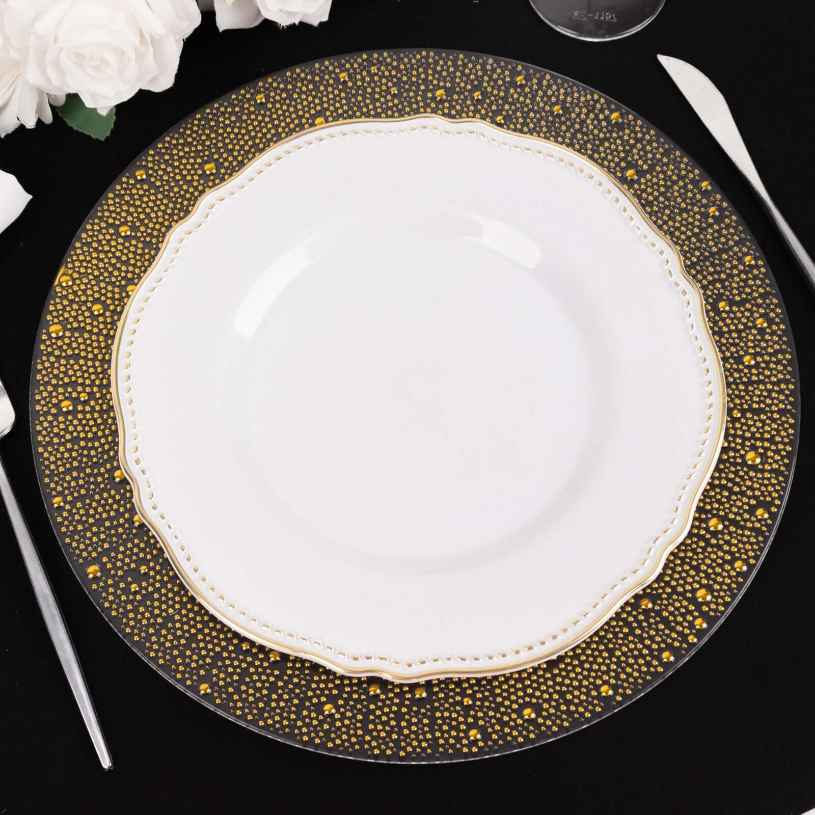 6-Pack Plastic Round Charger Plates 13 in Clear with Gold Pearl Beaded Rim, Upscale Dinner Serving Plates