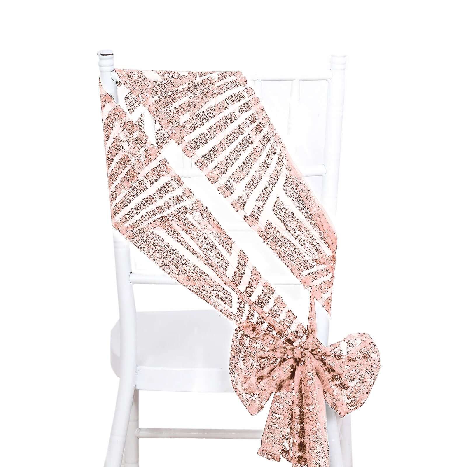 5 Pack Glitz Sequin Chair Sashes with Geometric Diamond Design 6x88 Rose Gold