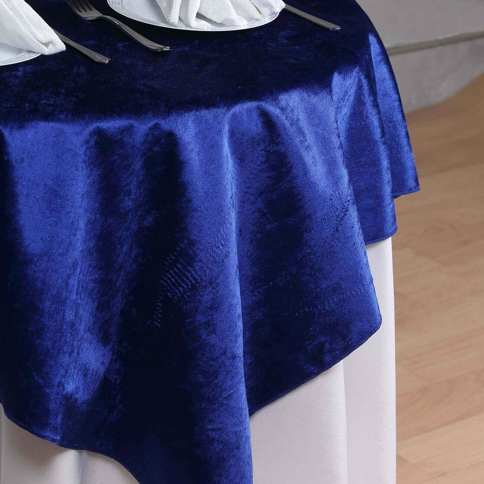 54x54 Royal Blue Seamless Premium Velvet Square Table Overlay, Reusable Linen