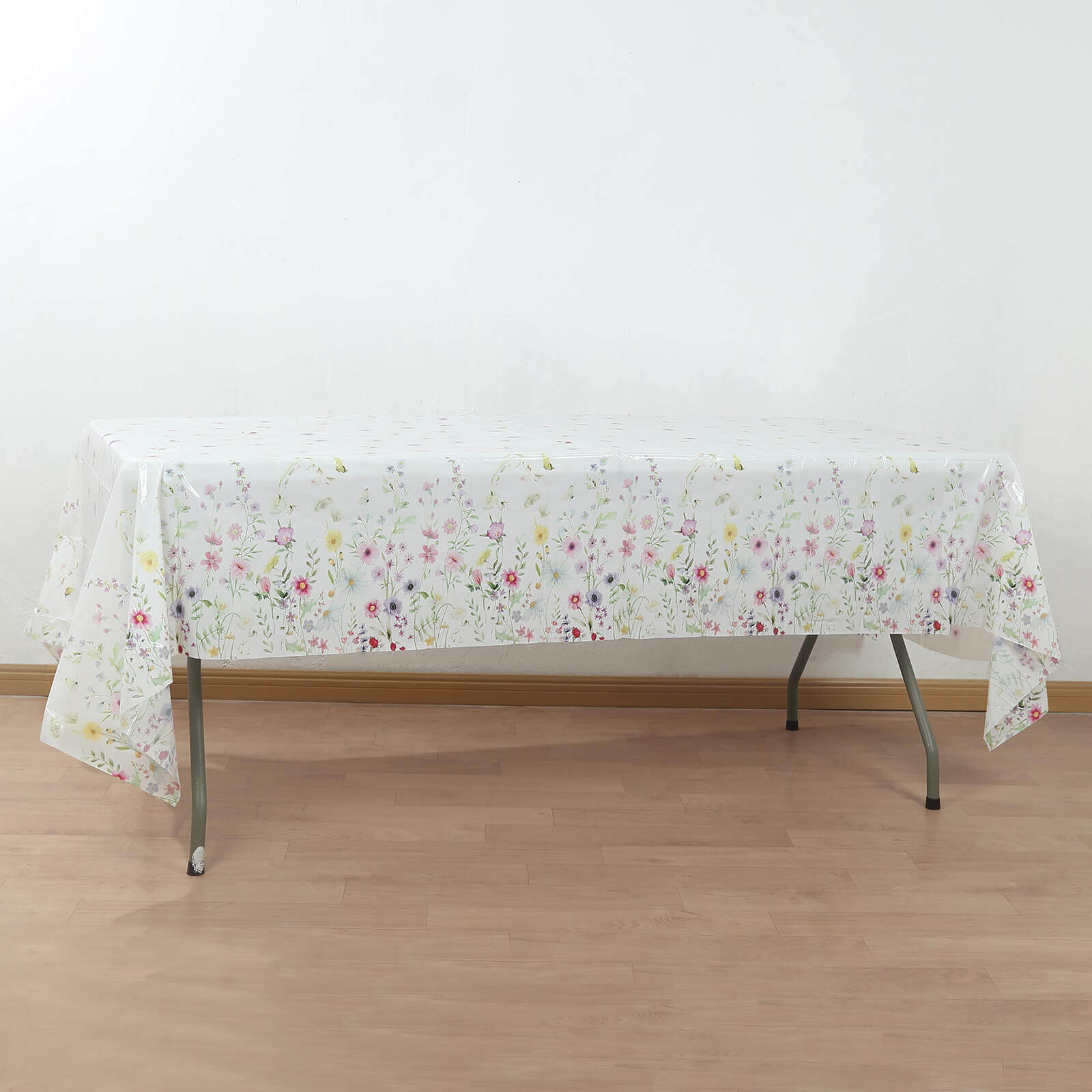 5-Pack Plastic Tablecloths White/Green Spring Floral Rectangle with Wild Flowers Butterfly Print - Durable PVC Disposable Table Covers 54x108