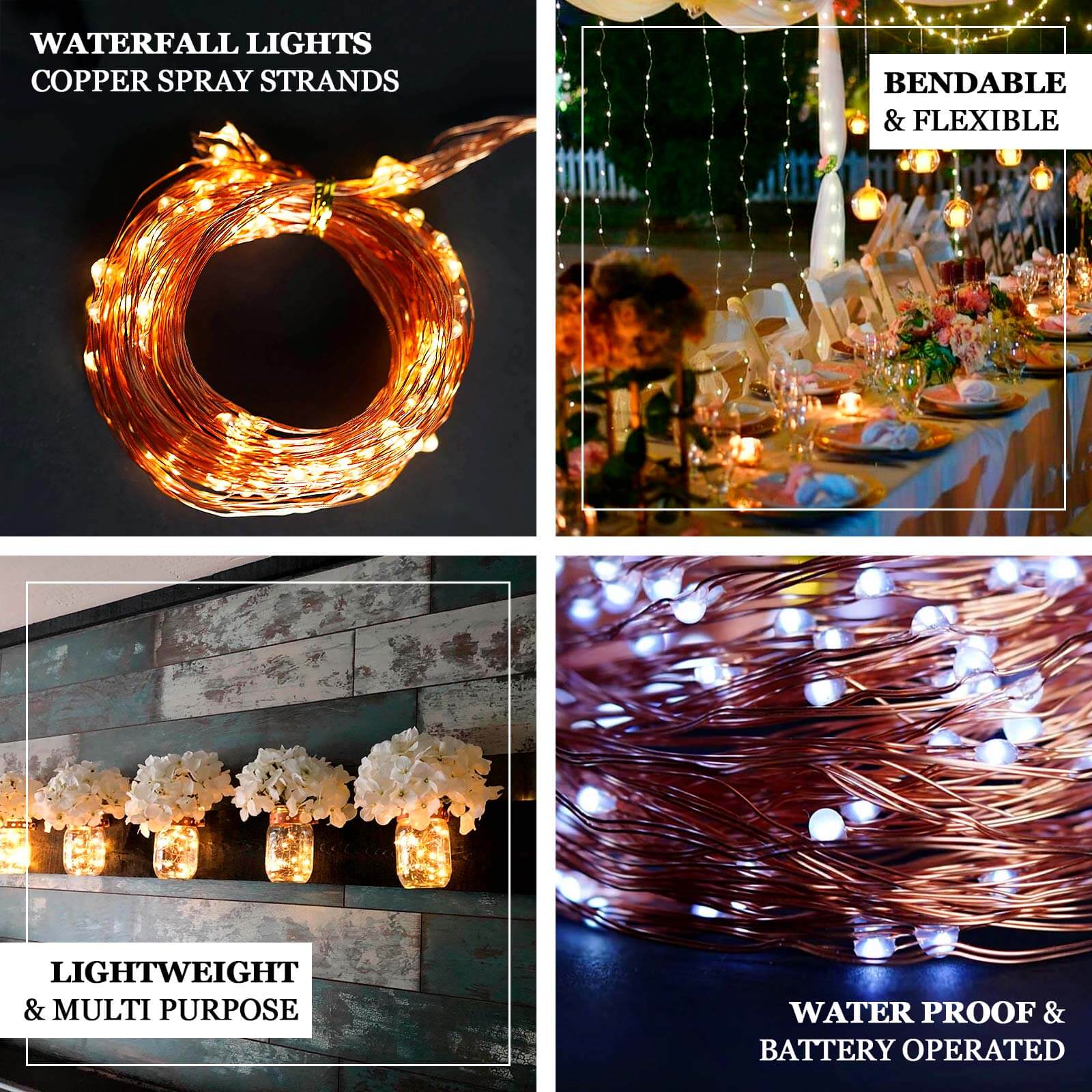 200 LED Fairy Waterfall String Lights Warm White Waterproof Copper Strands - Battery Operated Décor 8ft