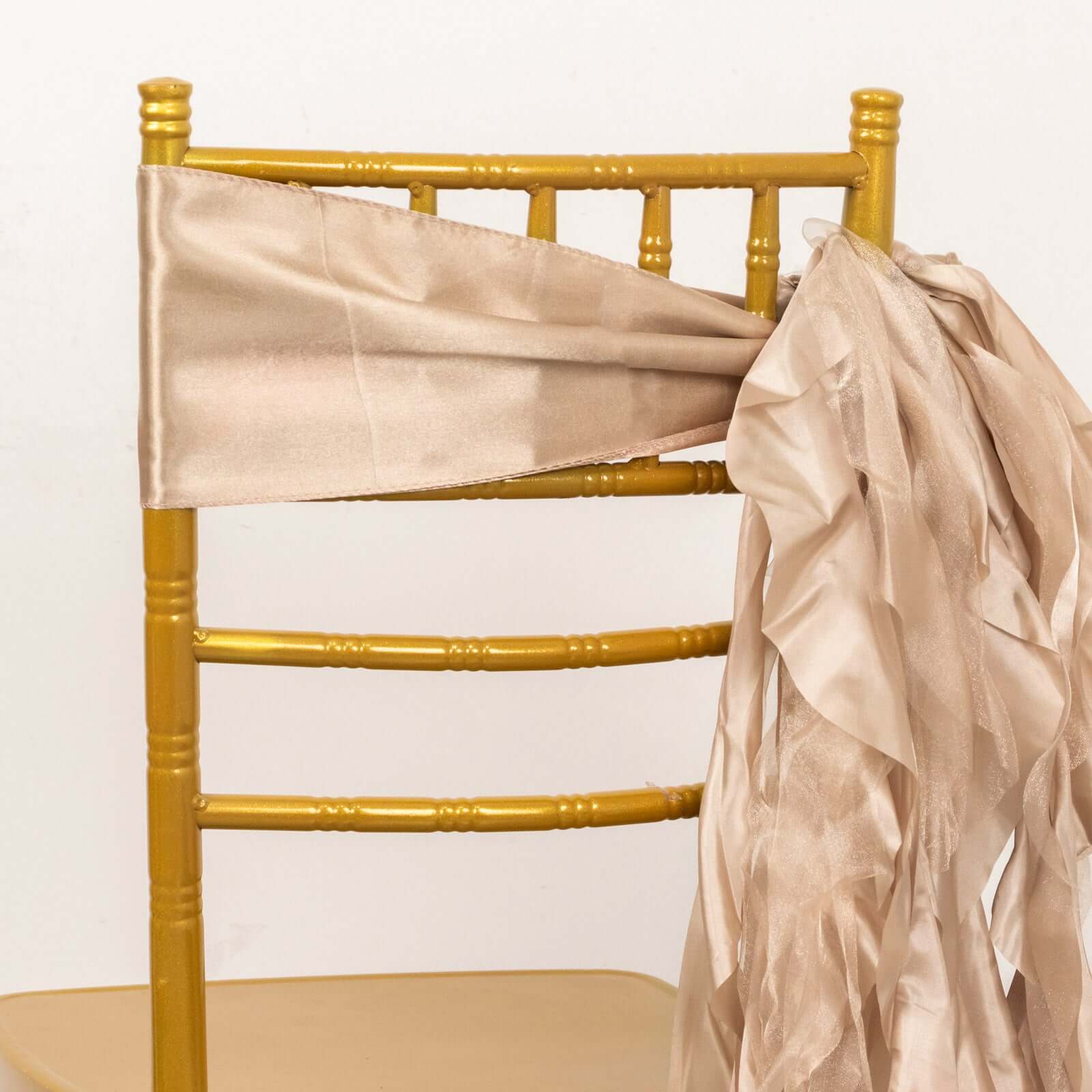 5 Pack Chiffon Satin Chair Sashes Nude - Easy to Install Ruffled Curly Willow