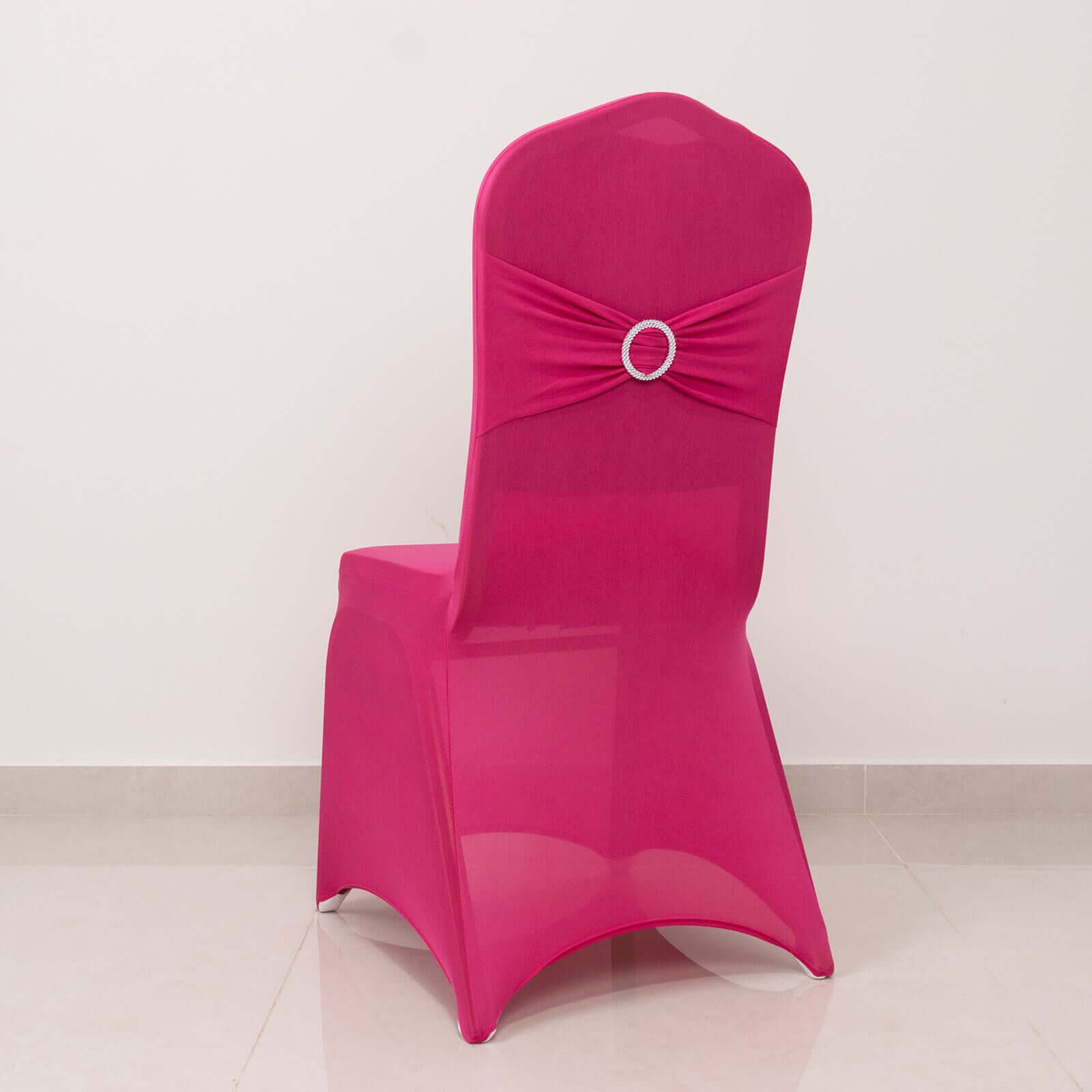 Spandex Chair Cover with Fuchsia Rhinestone Buckled Sash Band Blush - Stretch Fitted Slipcover