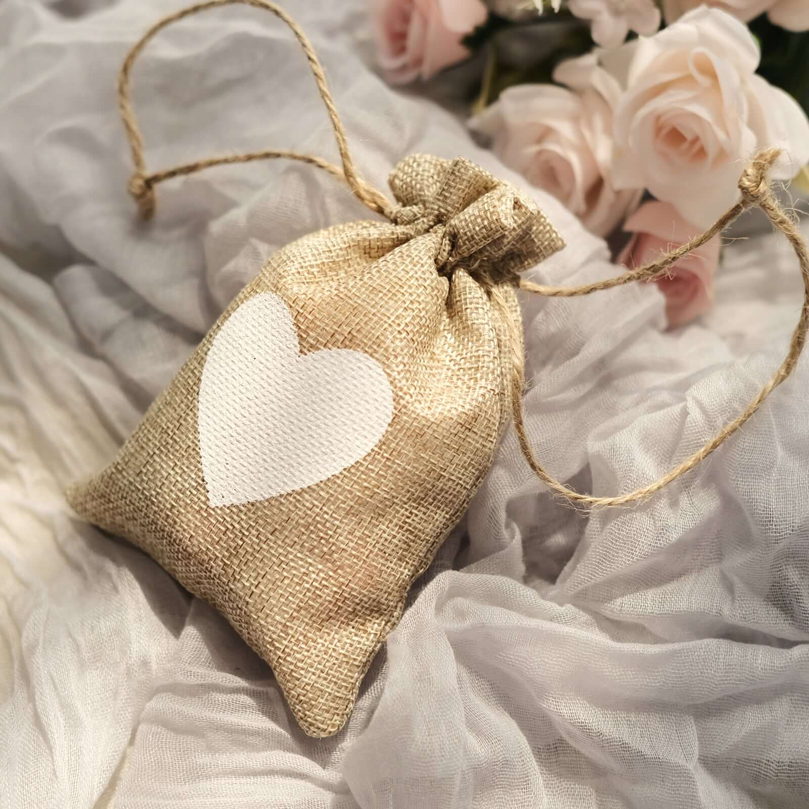 20 Pack 4x5 Natural Ivory Heart Design Jute Burlap Gift Bags With Drawstring, Rustic Wedding Party Favor Bags