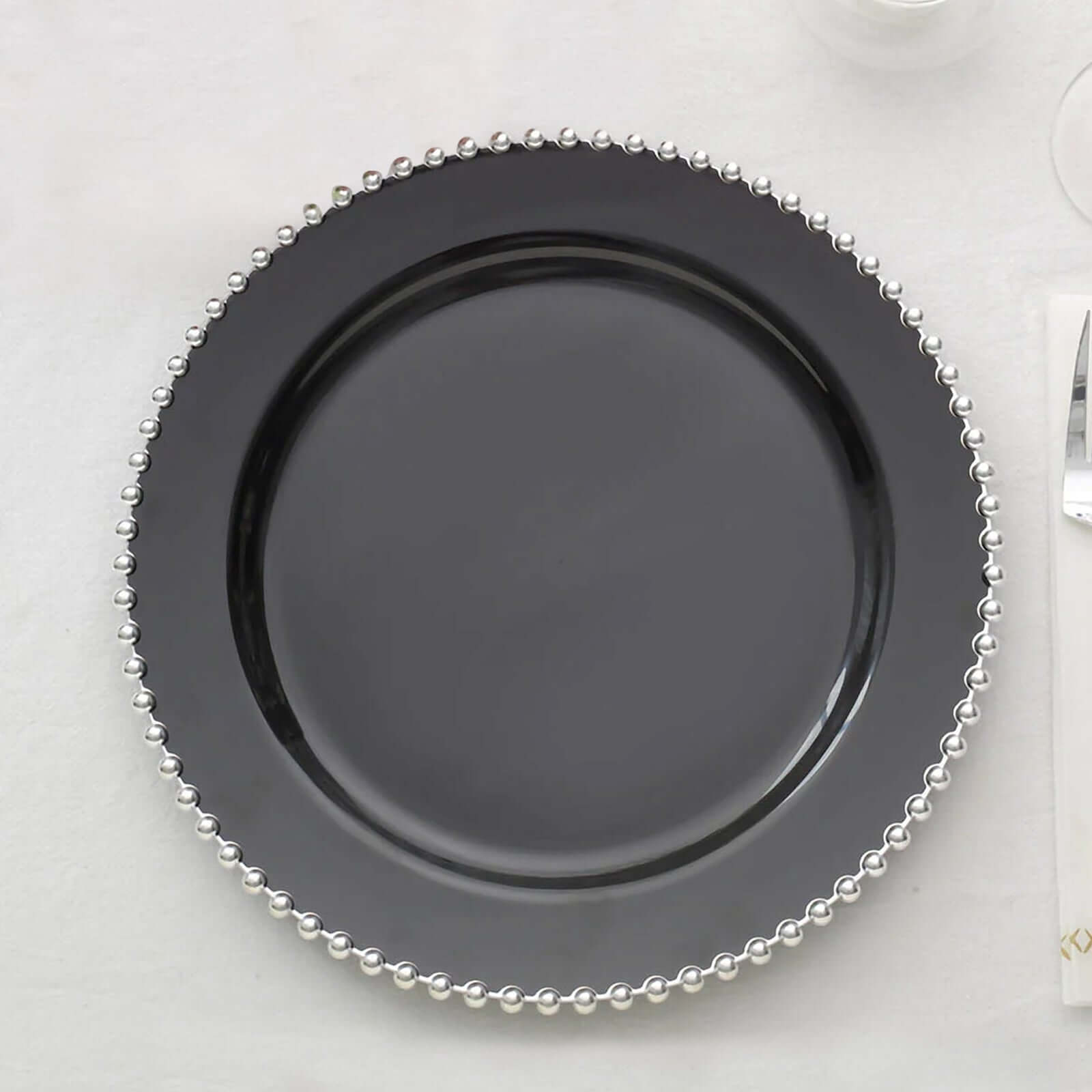 10-Pack Plastic 10 Round Dinner Plates in Black with Silver Beaded Rim - Disposable Party Plates