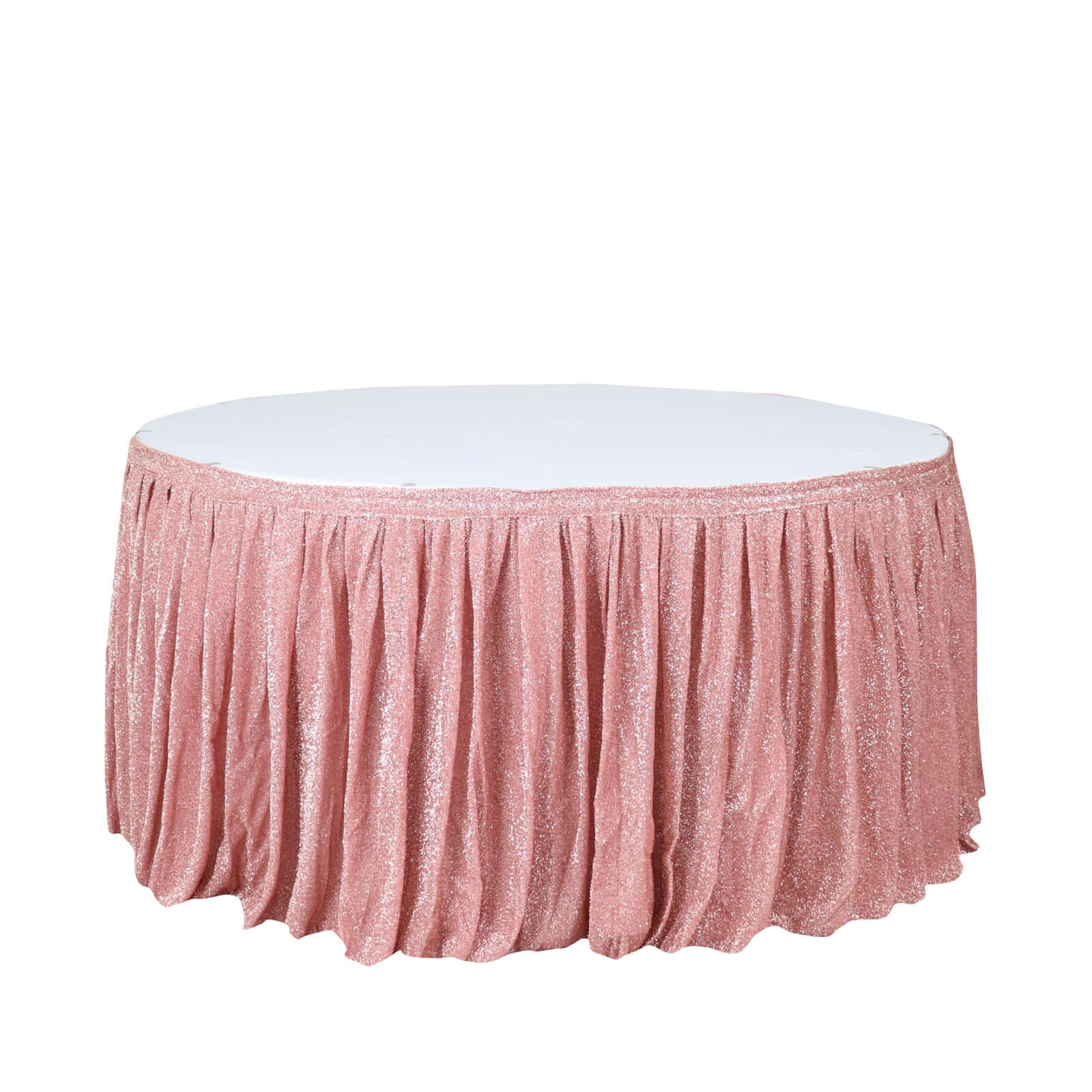 Spandex 17ft Table Skirt Rose Gold Pleated Metallic Shimmer Tinsel with Top Velcro Strip Table Cover