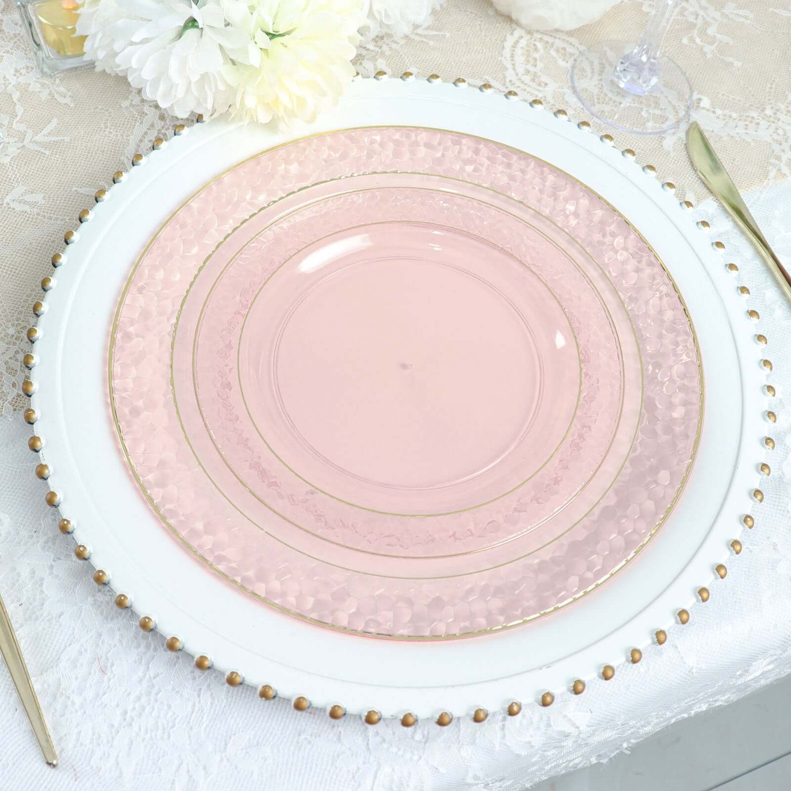 10-Pack Plastic 10 Round Dinner Plates in Blush Hammered Design with Gold Rim - Disposable Party Plates for Chic Banquets & Special Occasions