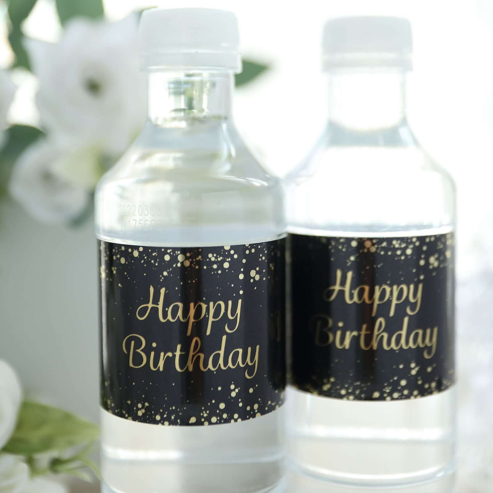 24 Pack Black/Gold Water Bottle Labels with Happy Birthday Print, Waterproof Bottle Stickers