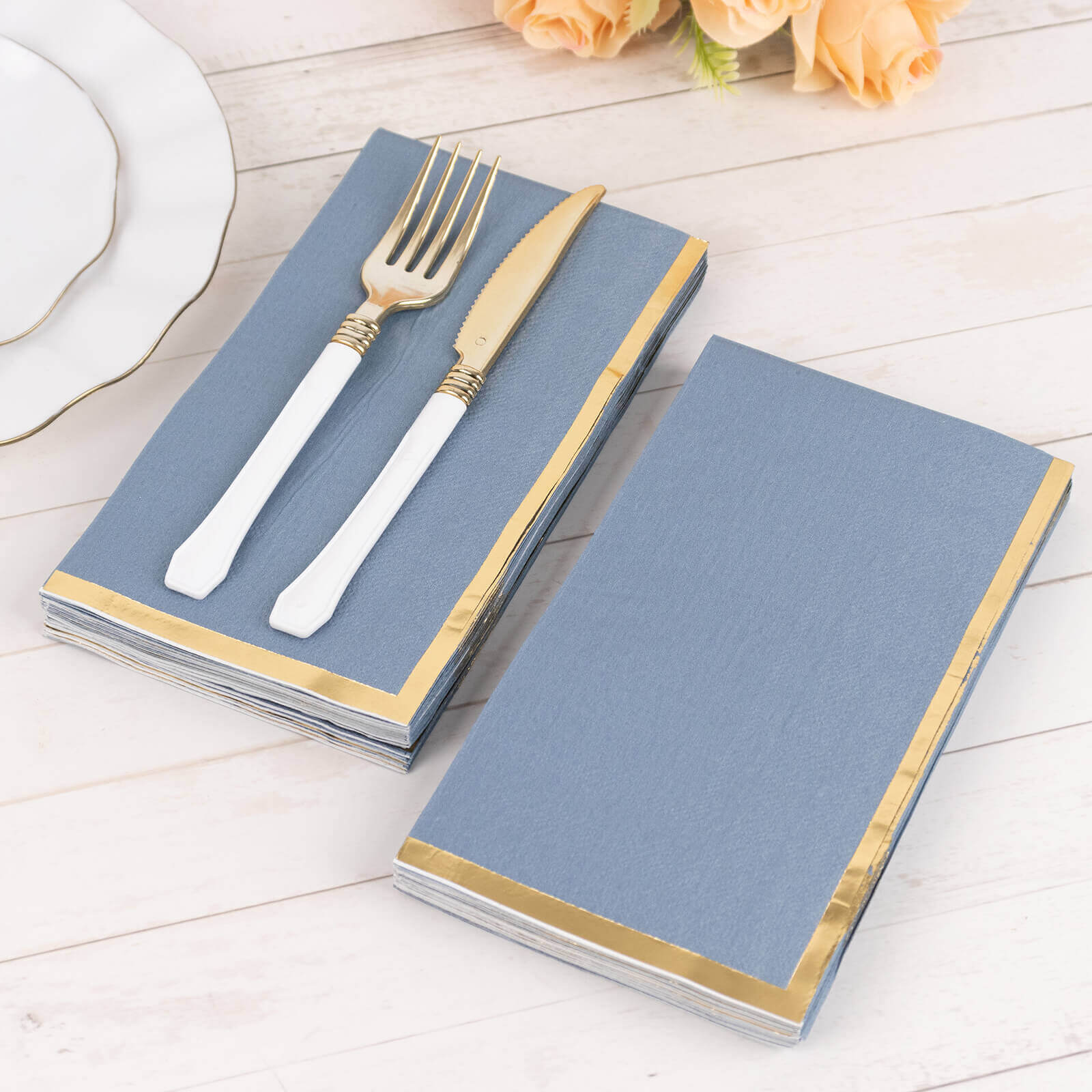 50-Pack Paper Dinner Napkins Dusty Blue with Gold Foil Edge 2 Ply - Stylish Disposable Napkins