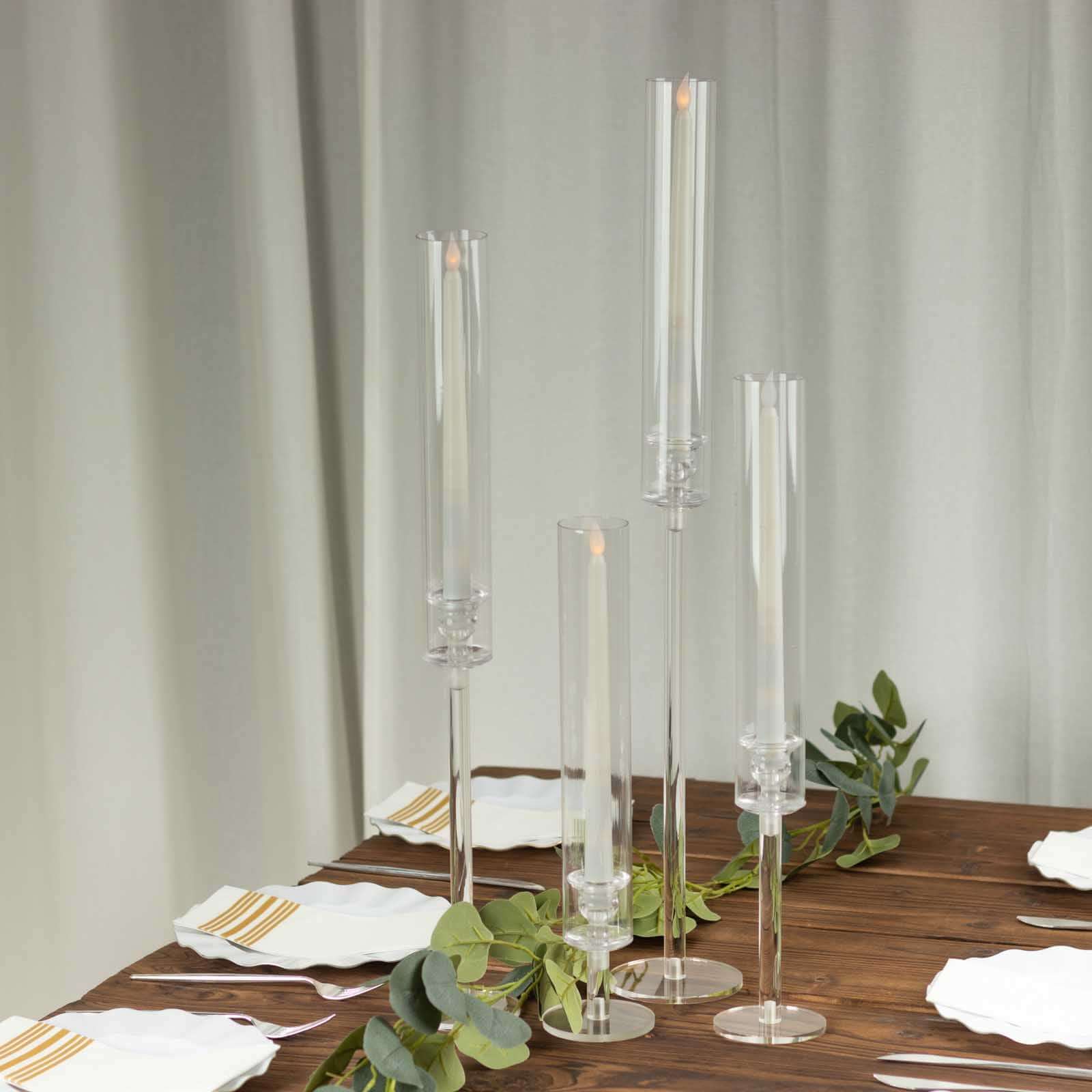 Set of 4 Acrylic Taper Candlestick Holders, Clear Tall Chimney Tube Candle Shades Hurricane Candle Stands 14, 18, 22, 26