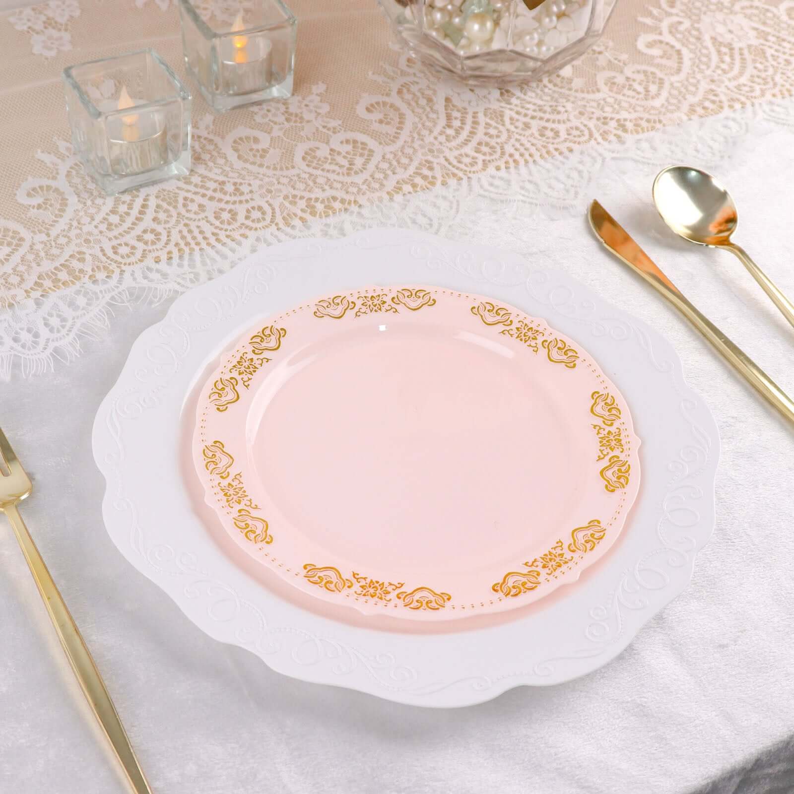 10-Pack Plastic 7.5 Round Appetizer Plates in Blush with Gold Embossed Scalloped Edge - Chic Disposable Salad Plates for Special Occasions & Banquets