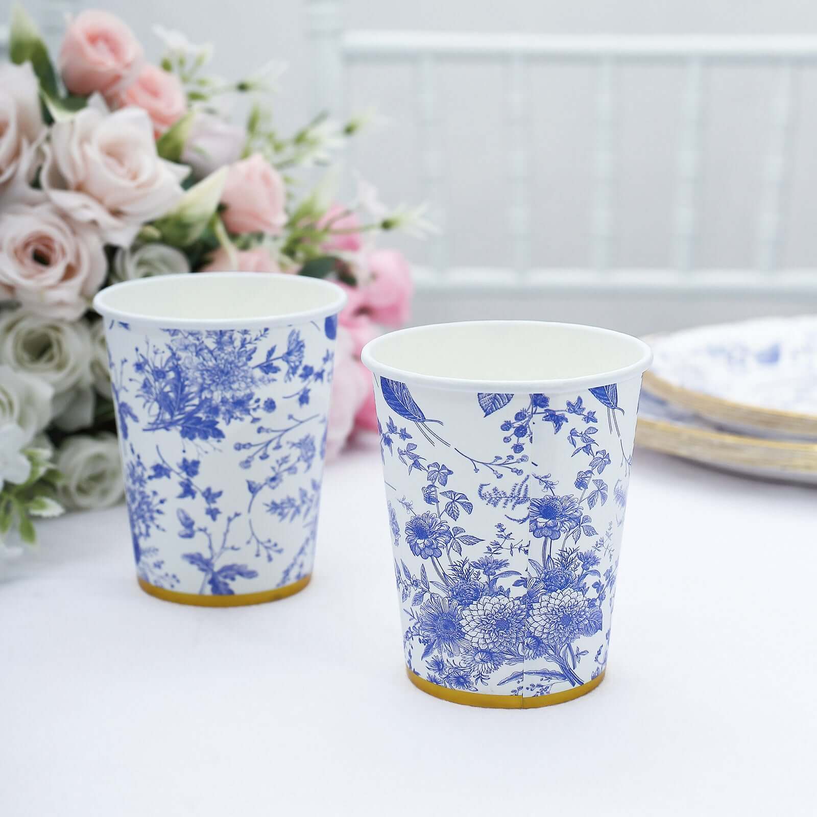 24-Pack Paper Cups in White with Light Blue French Toile Print - Stylish Disposable Floral Party Cups with Gold Rim for Hot & Cold Beverages 9oz