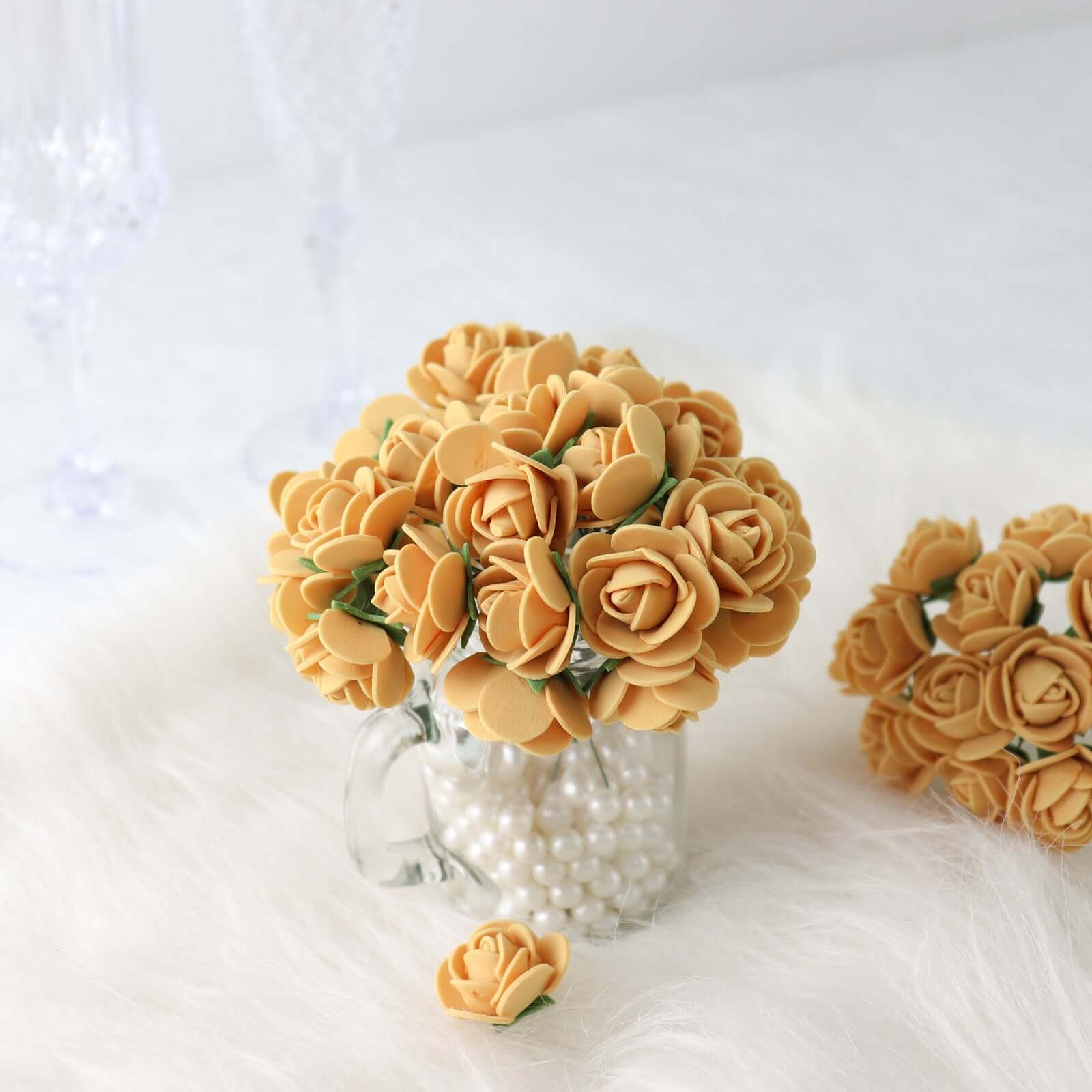 48 Roses 1 Gold Real Touch Artificial DIY Foam Rose Flowers With Stem, Craft Rose Buds