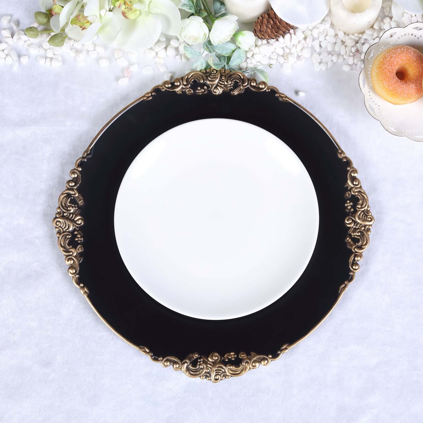 6-Pack Acrylic Round Charger Plates 13 in Matte Black with Gold Embossed Baroque Rim, Antique Decorative Dinner Party Charger Tableware