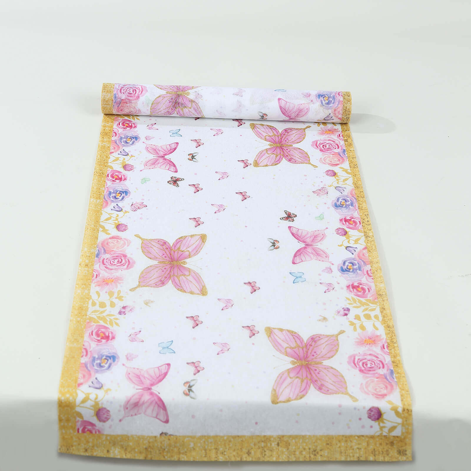 5 Pack Disposable Table Runners 11x108 White with Pink Butterflies - Non-woven Stylish Spring Summer Dining Decor