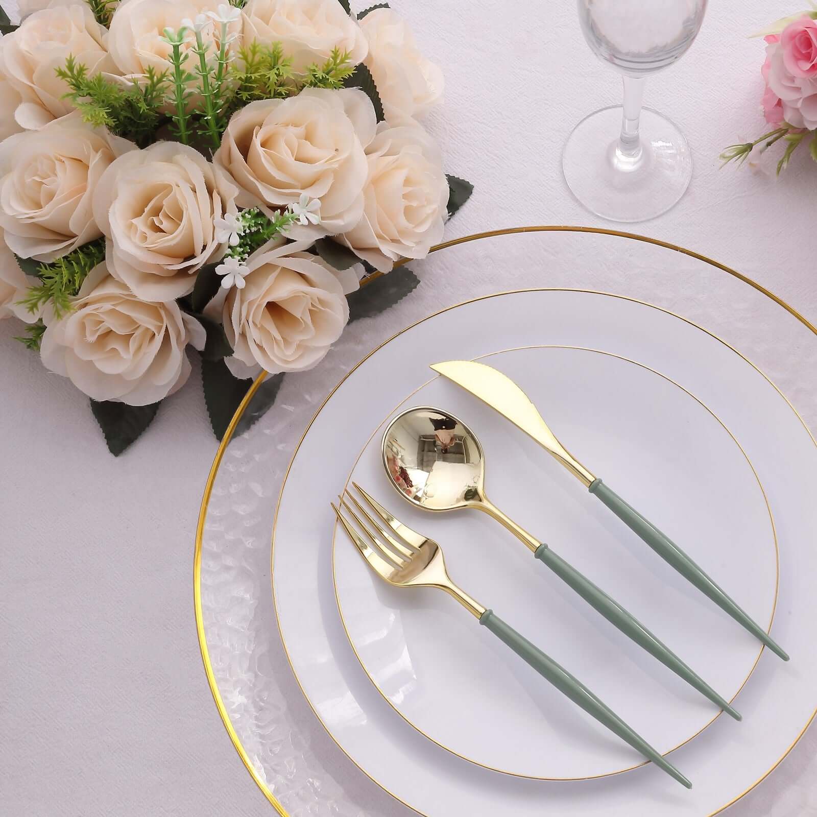 24-Pack Plastic Flatware Set in Metallic Gold with Dusty Sage Green Handle - Heavy Duty Disposable Modern Silverware 8