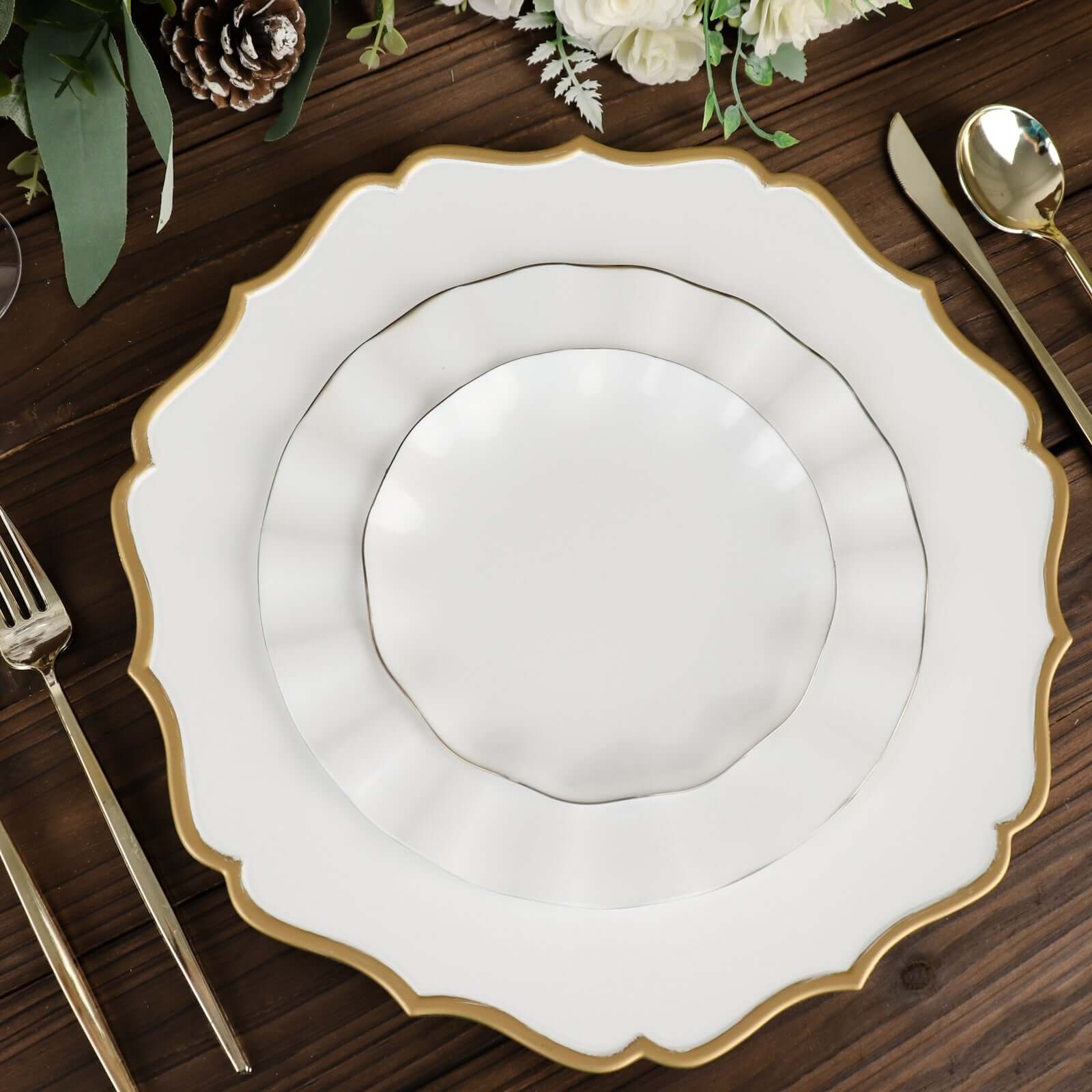 6-Pack Acrylic Round Charger Plates 13 in White with Gold Scalloped Rim, Decorative Dinner Party Plastic Charger Tableware
