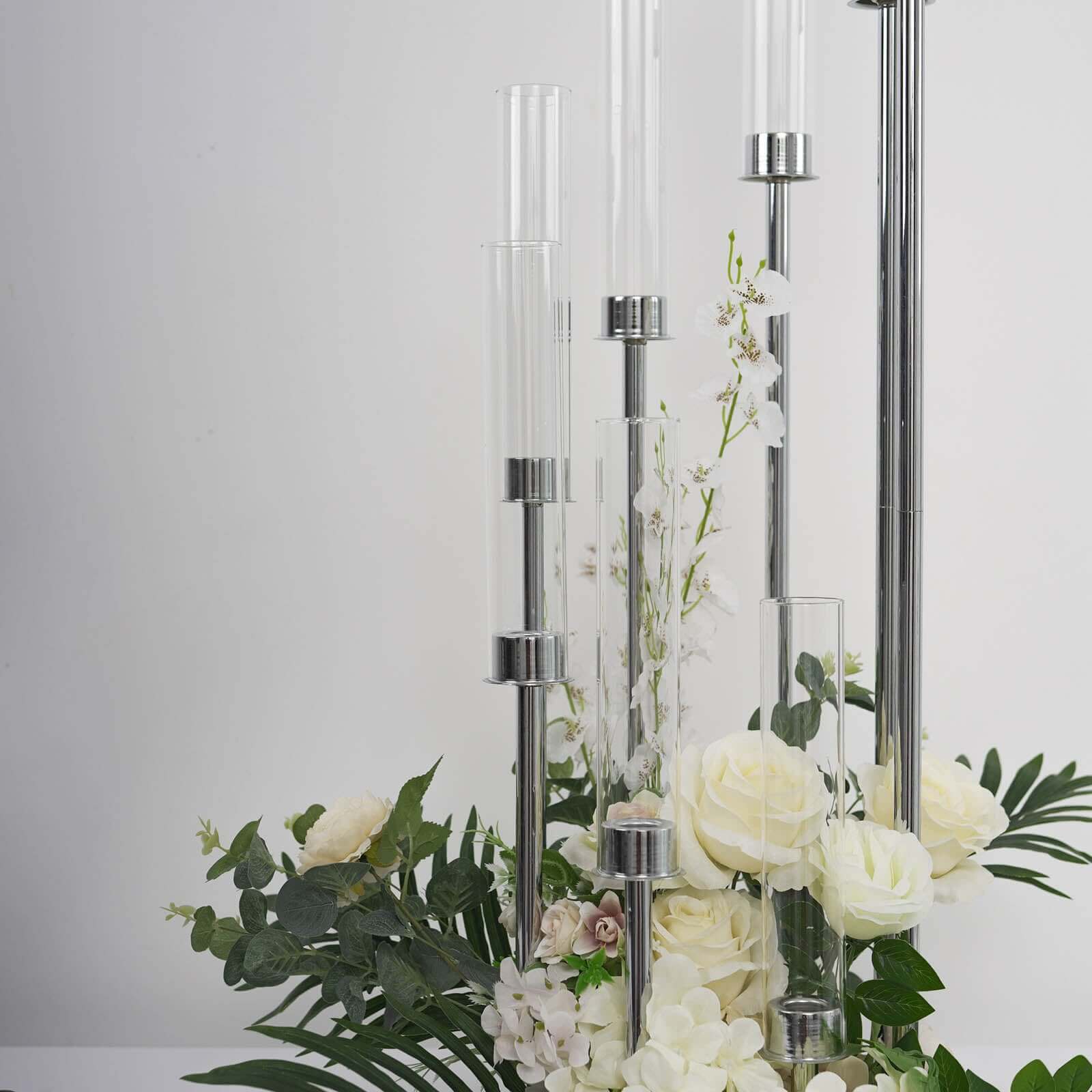 8 Arm Cluster Taper Candle Holder Silver - Stunning Large Candle Arragement With Clear Glass Shades for Grand Banquets & Celebrations 42