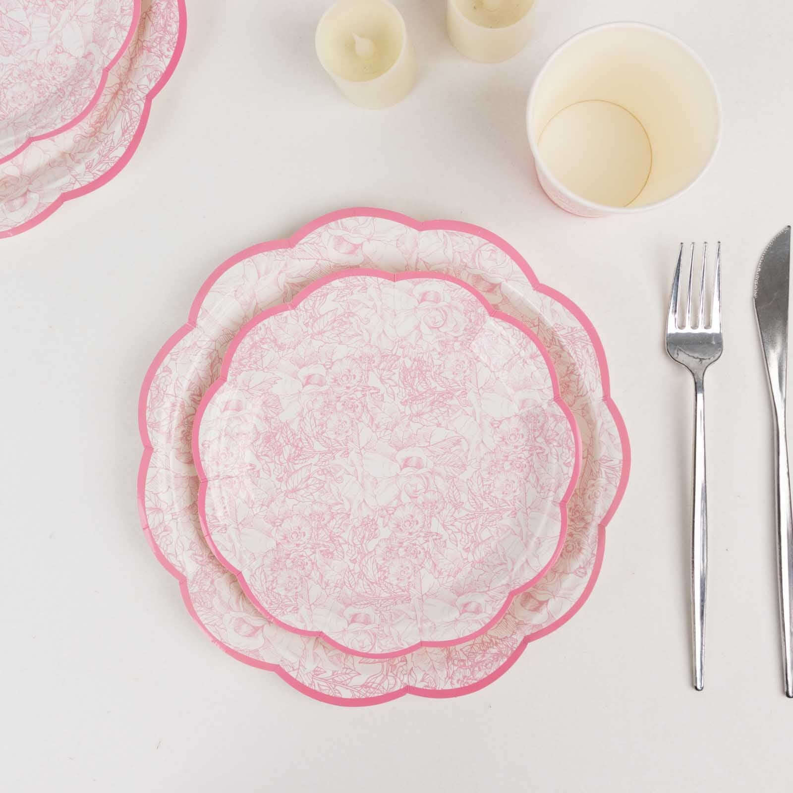 75 Pcs Paper Plates and Cups Set in White with Pink Vintage Floral Print - Disposable Party Supplies Kit for Baby Showers & Floral Themed Events