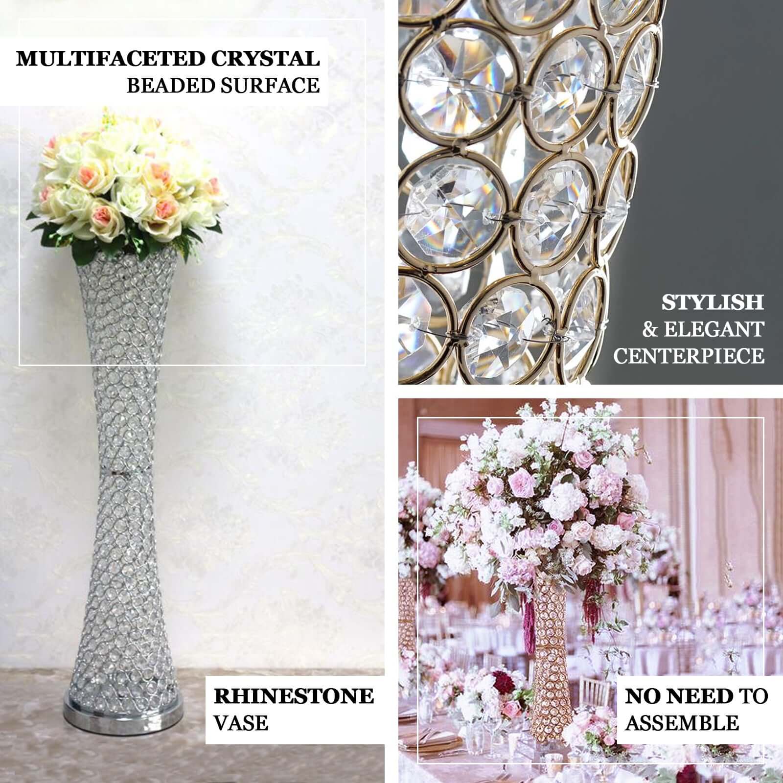 Metal Hurricane Floral Vase Centerpiece Metallic Gold with Crystal Beaded Design - Decorative Table Piece 36