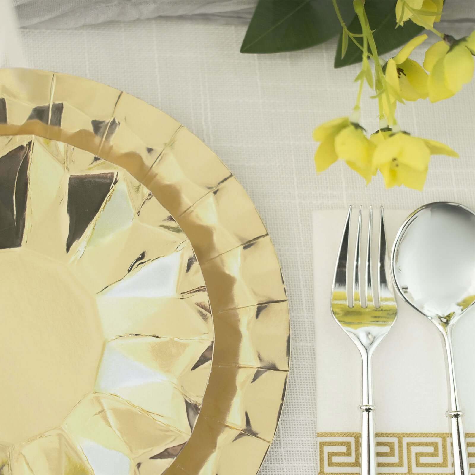 25-Pack Paper 9 Round Dinner Plates in Metallic Gold with Geometric Prism Rim - Disposable 400GSM Party Plates for Banquets & Celebrations