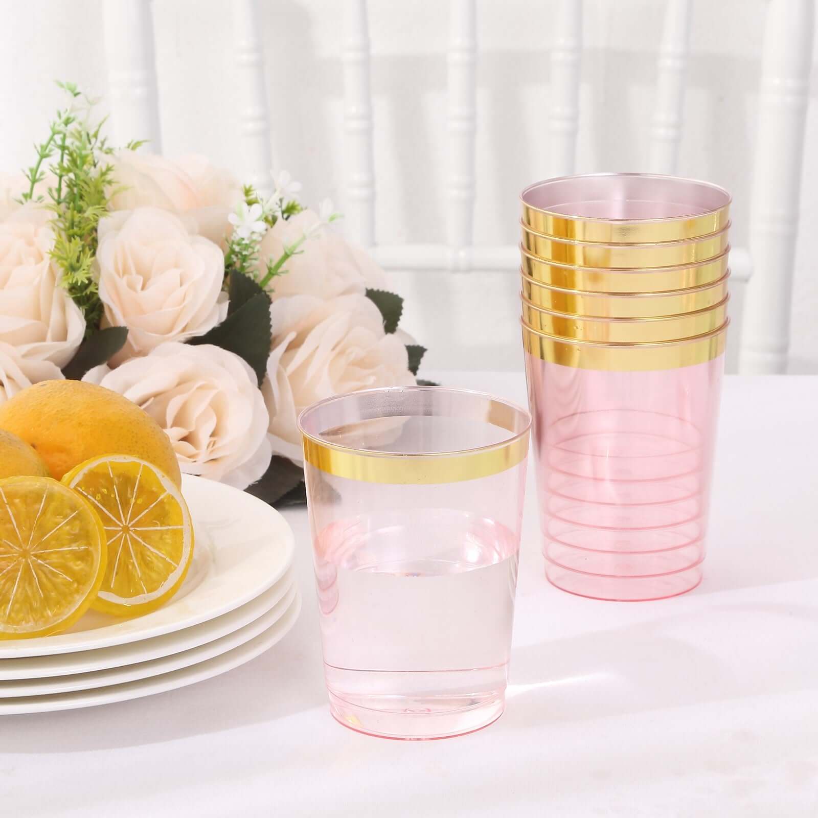 25-Pack Plastic Tumbler Cups Transparent Blush with Gold Rim - Stylish Disposable Party Glasses 10oz