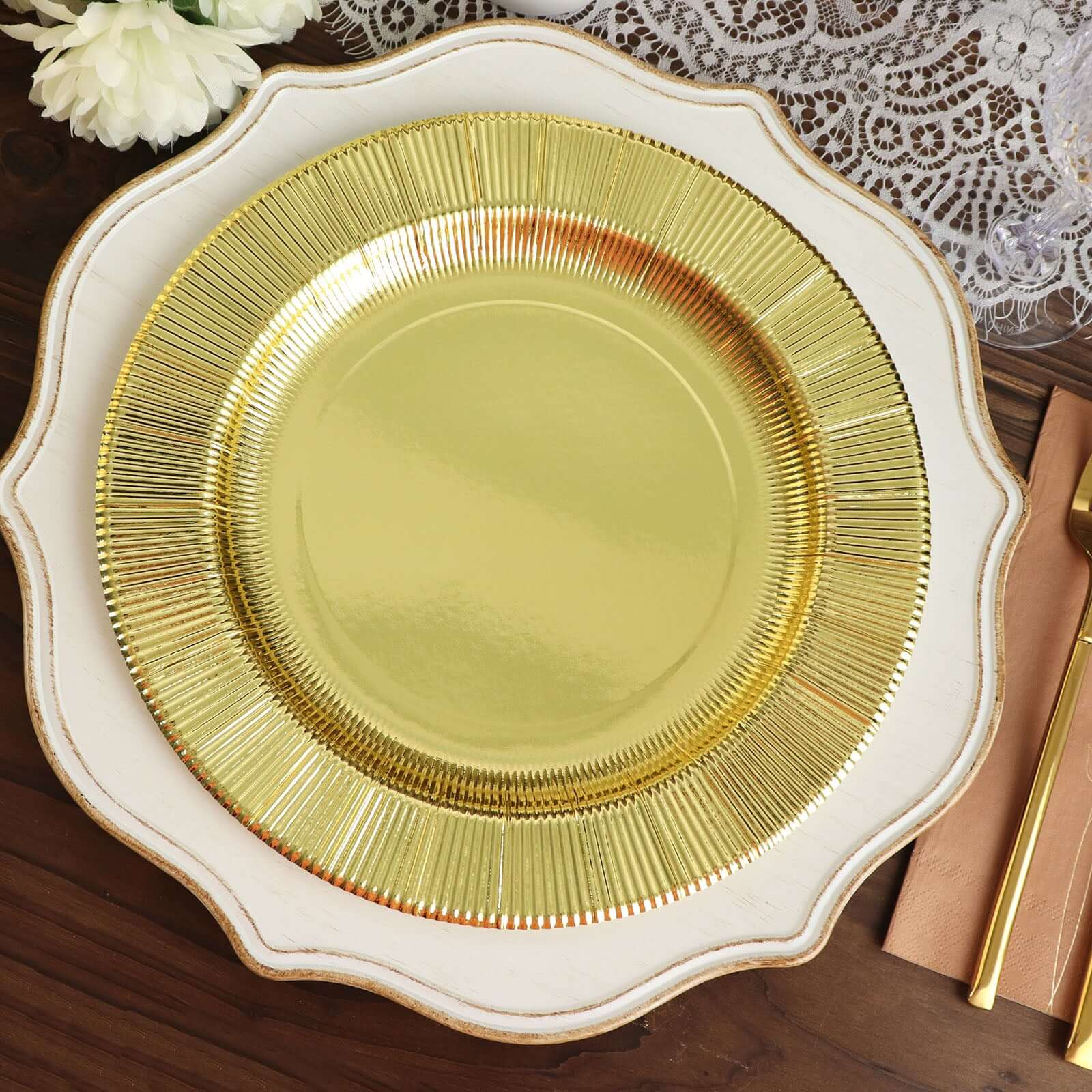 25-Pack Paper 10 Round Dinner Plates in Metallic Gold Sunray Design - Disposable Heavy Duty 350GSM Party Plates