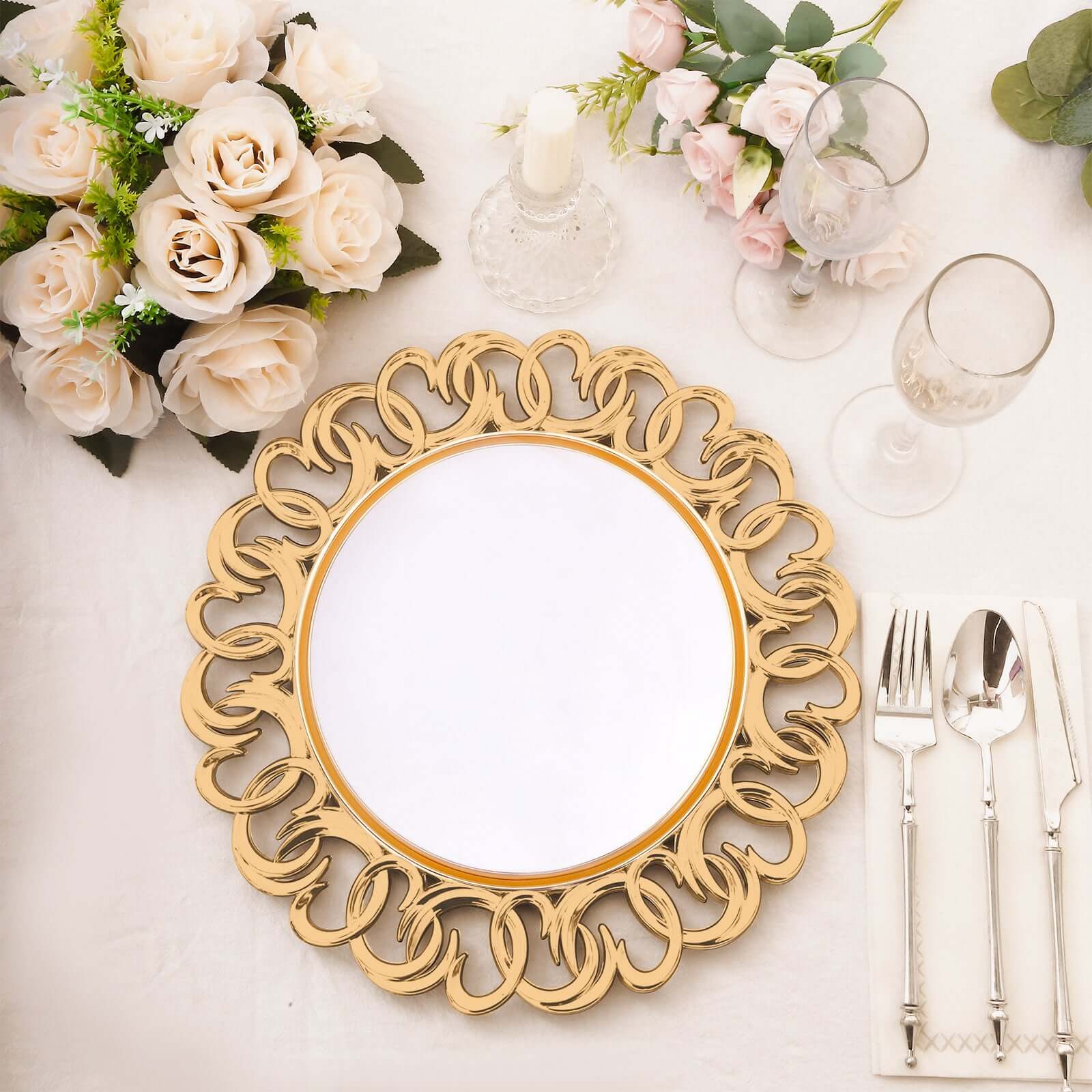 6-Pack Plastic Round Charger Plates 13 in Gold with Entwined Swirl Rim, Plastic Disposable Decorative Chargers