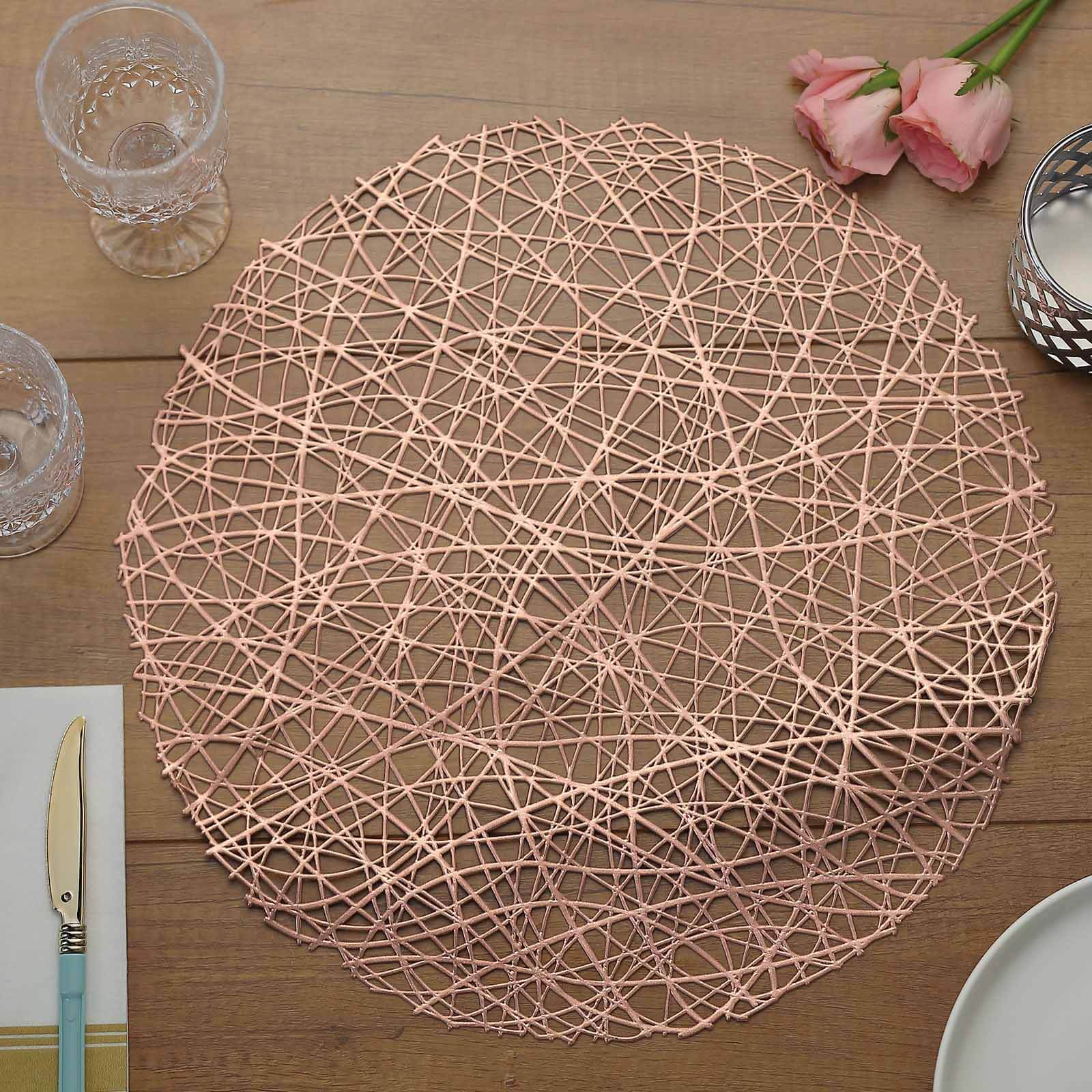 6-Pack Vinyl Placemats Rose Gold Woven Design - Durable Non-Slip Round Table Mats for Dining 15