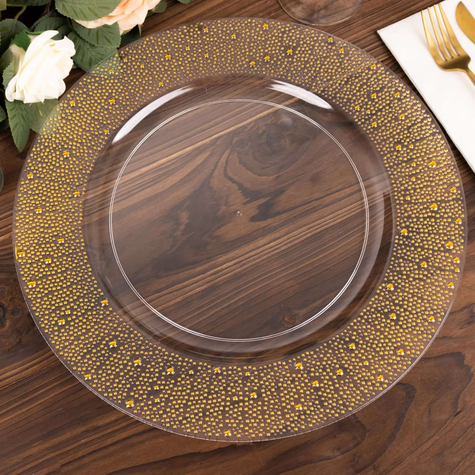 6-Pack Plastic Round Charger Plates 13 in Clear with Gold Pearl Beaded Rim, Upscale Dinner Serving Plates