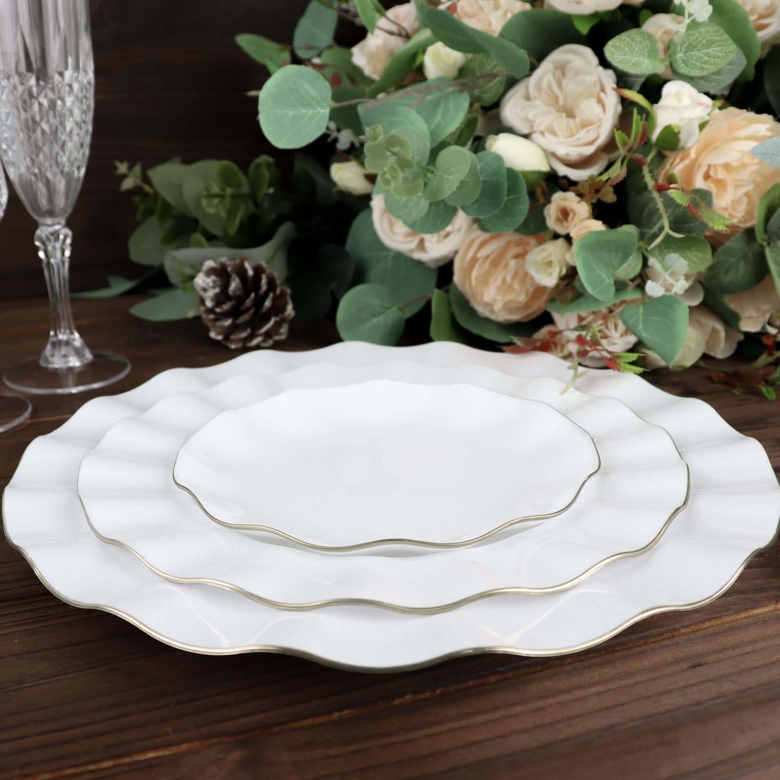 10-Pack Plastic Round 6 Dessert Plates in White Ruffled Rim with Gold Edging - Sturdy Disposable Salad Appetizer Dinnerware for Classy Events & Banquets