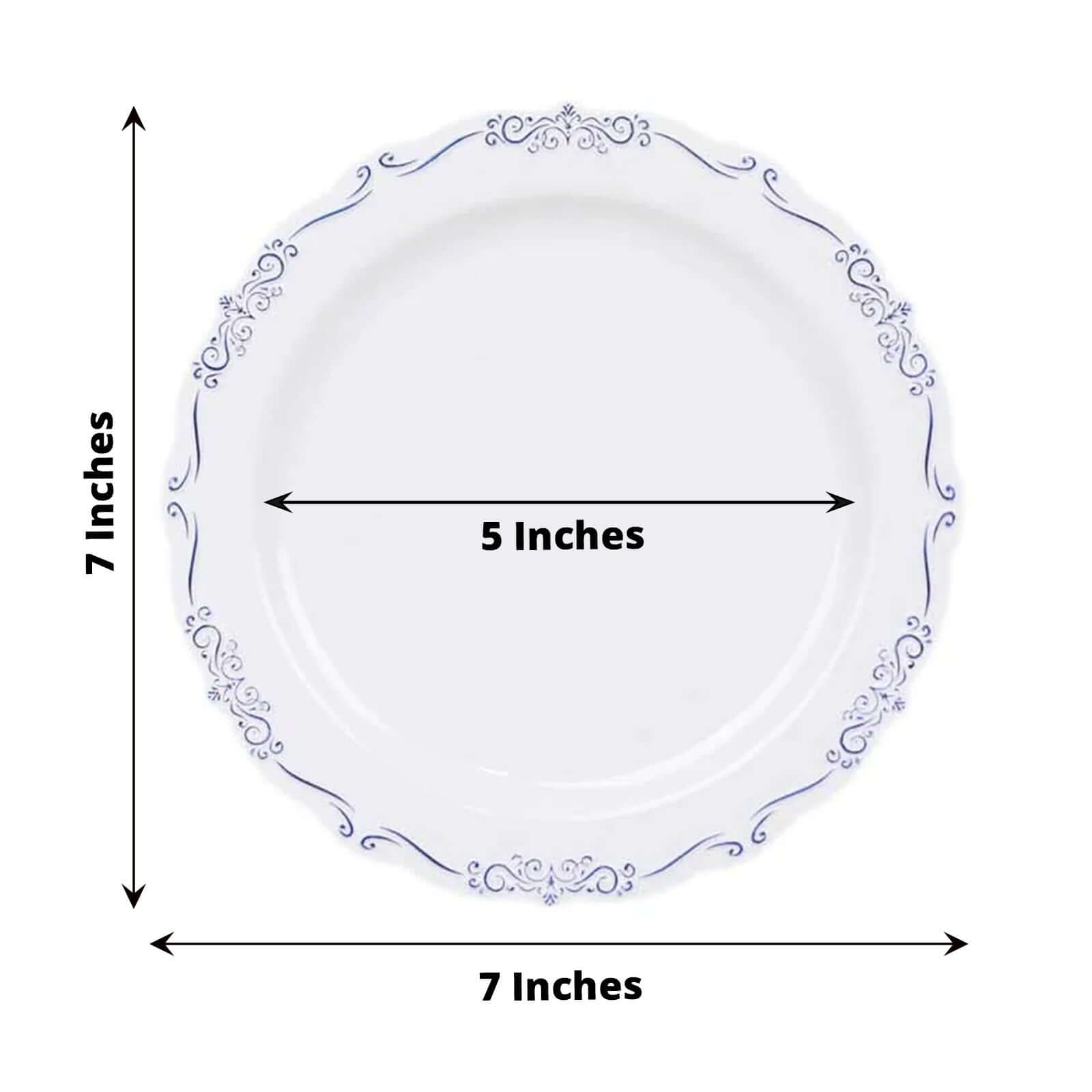 10-Pack Plastic 7 Round Dessert Plates in White with Blue Vintage Embossed Rim - Sturdy Disposable Scalloped Edge Salad Plates