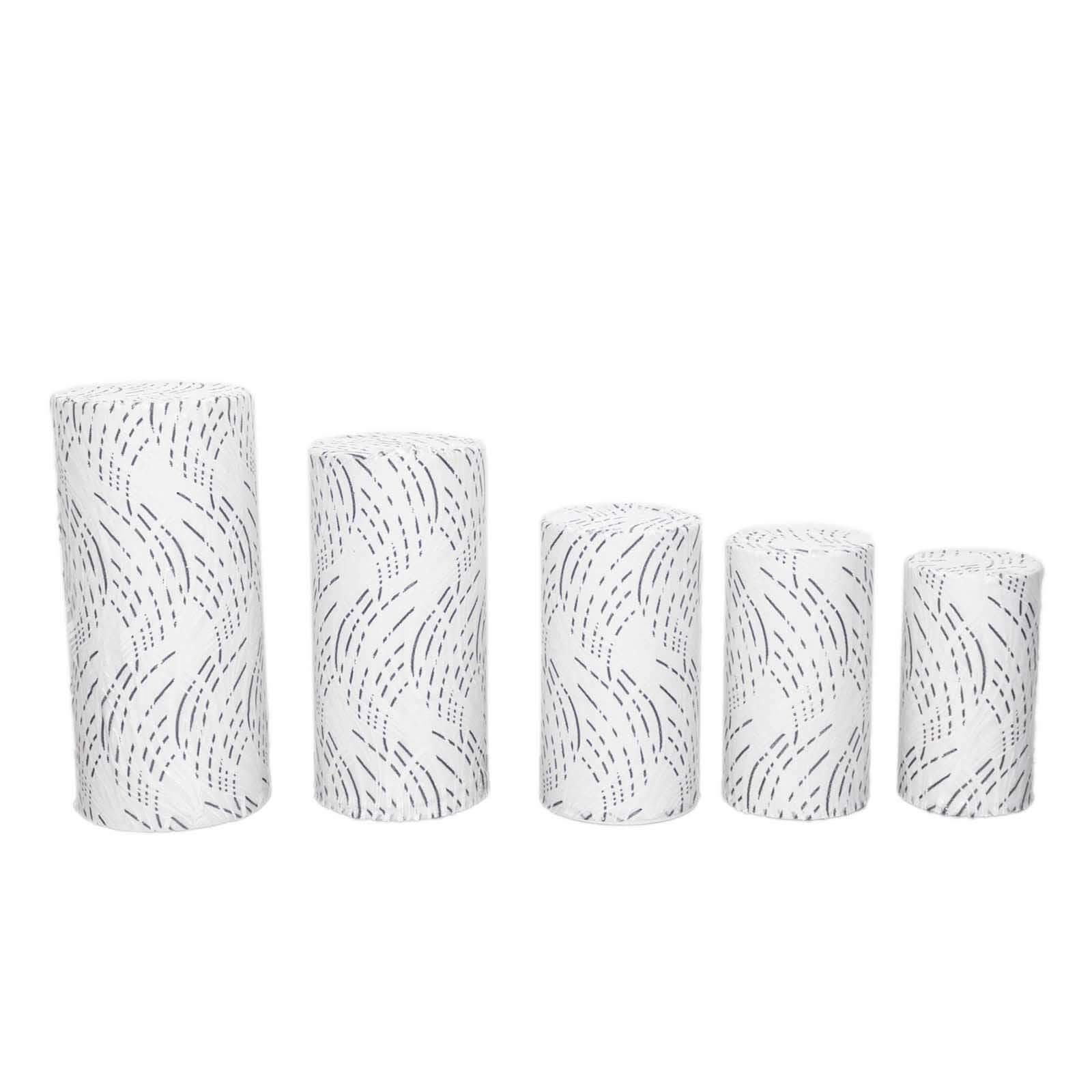 Set of 5 White Wave Mesh Cylinder Pedestal Stand Covers with Embroidered Sequins, Pillar Prop Covers - 160 GSM