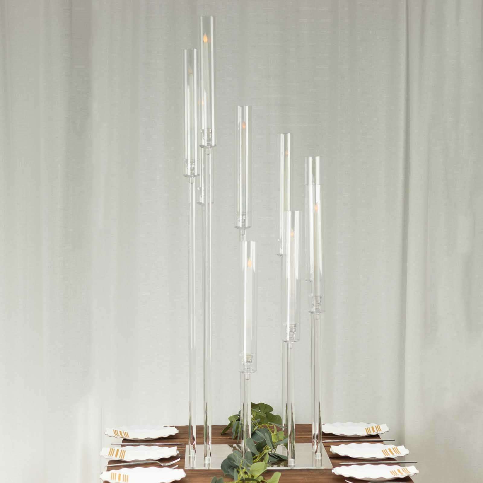 9-Arm Cluster Acrylic Candelabra Clear with Square Base - Sophisticated Taper Candle Holder Table Centerpiece for Pillar Candles 4ft